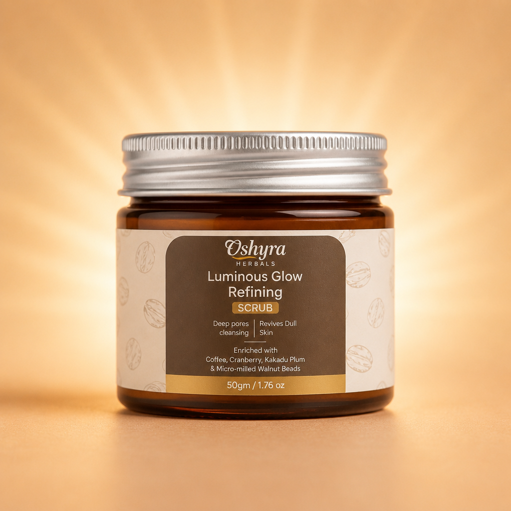Final hero shot of the 50g Luminous Glow Refining Scrub amber glass jar centered on a glowing soft skin-toned peach background, gentle radial light emanating from behind the jar