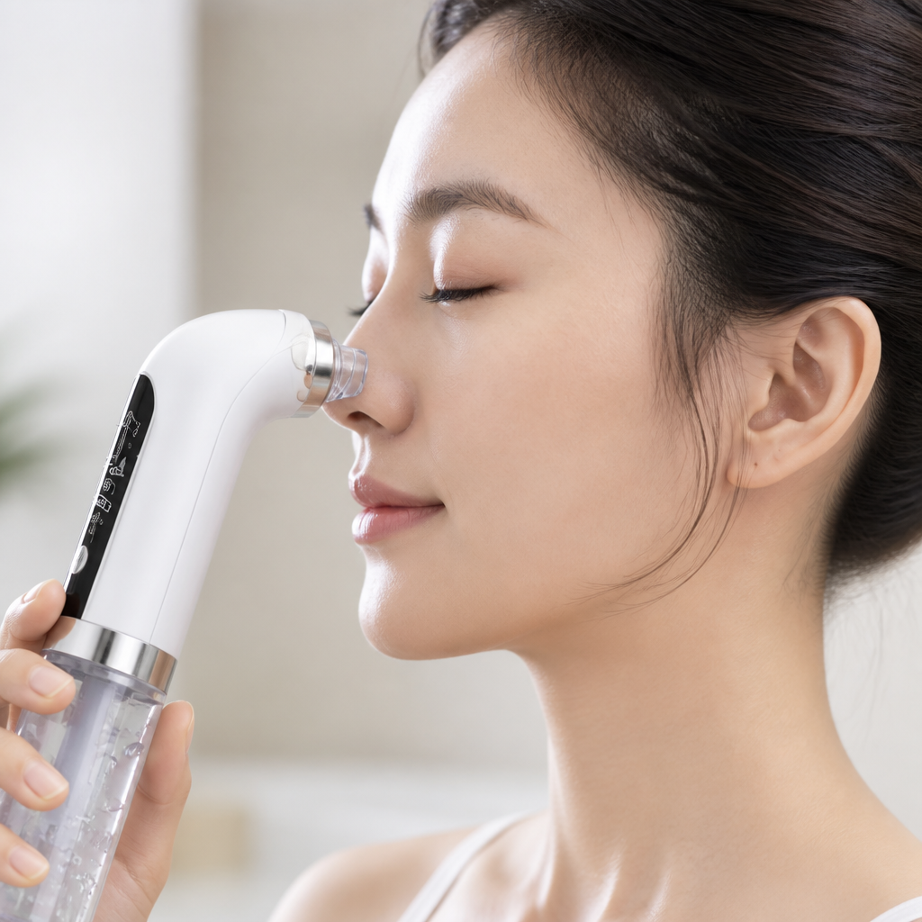 Close-up view of clean clear nose skin after successful blackhead removal treatment, soft lighting