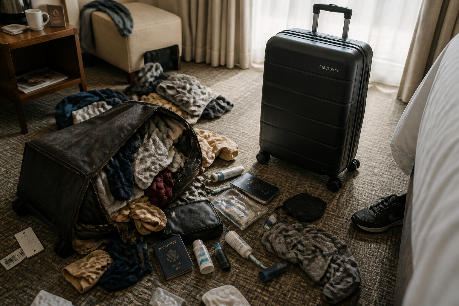Generic cheap luggage with burst zipper exposing scattered clothes, passport, and toiletries on hotel floor in disarray