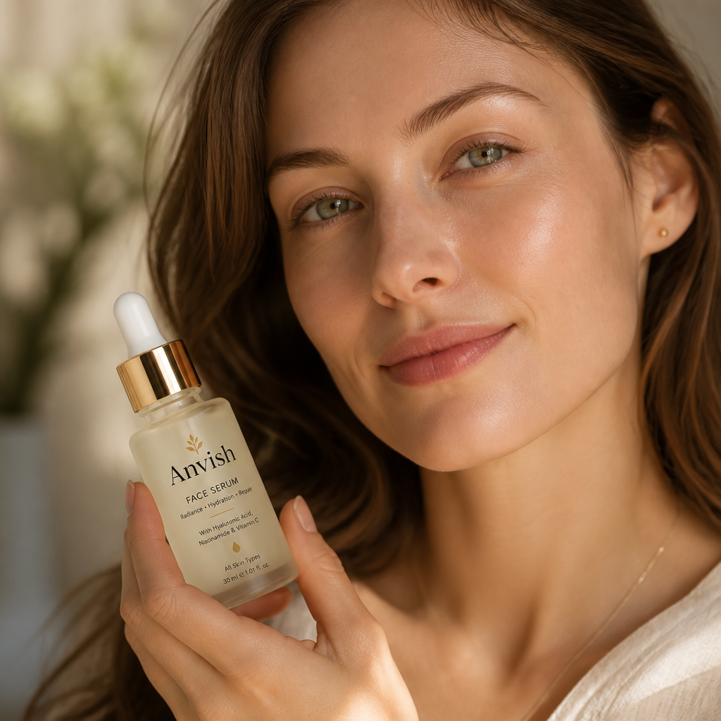 Close-up beauty shot of a woman's hand gently applying serum drops onto her soft cheek, slow motion style with soft beige background, gentle application gesture, dreamy editorial lighting