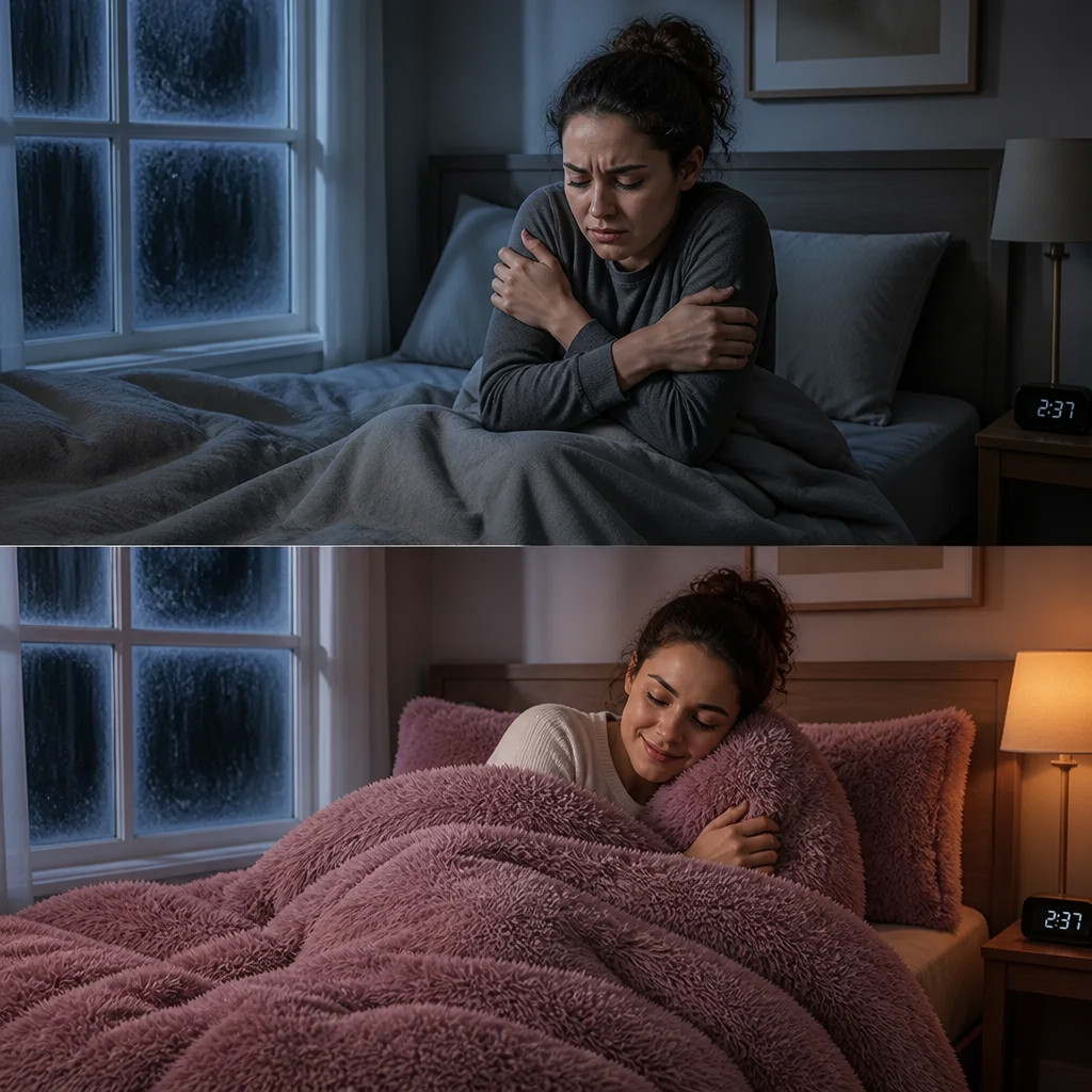 A person shivering under a thin blanket in a cold, dimly lit bedroom with frost on the window, looking uncomfortable and frustrated during a winter night
