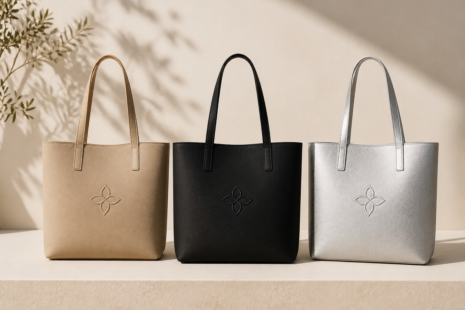 Three Everyday Tote Bags arranged side by side in Beige, Black, and Silver colorways, photographed in a minimalist editorial layout on a neutral cream backdrop with soft natural daylight