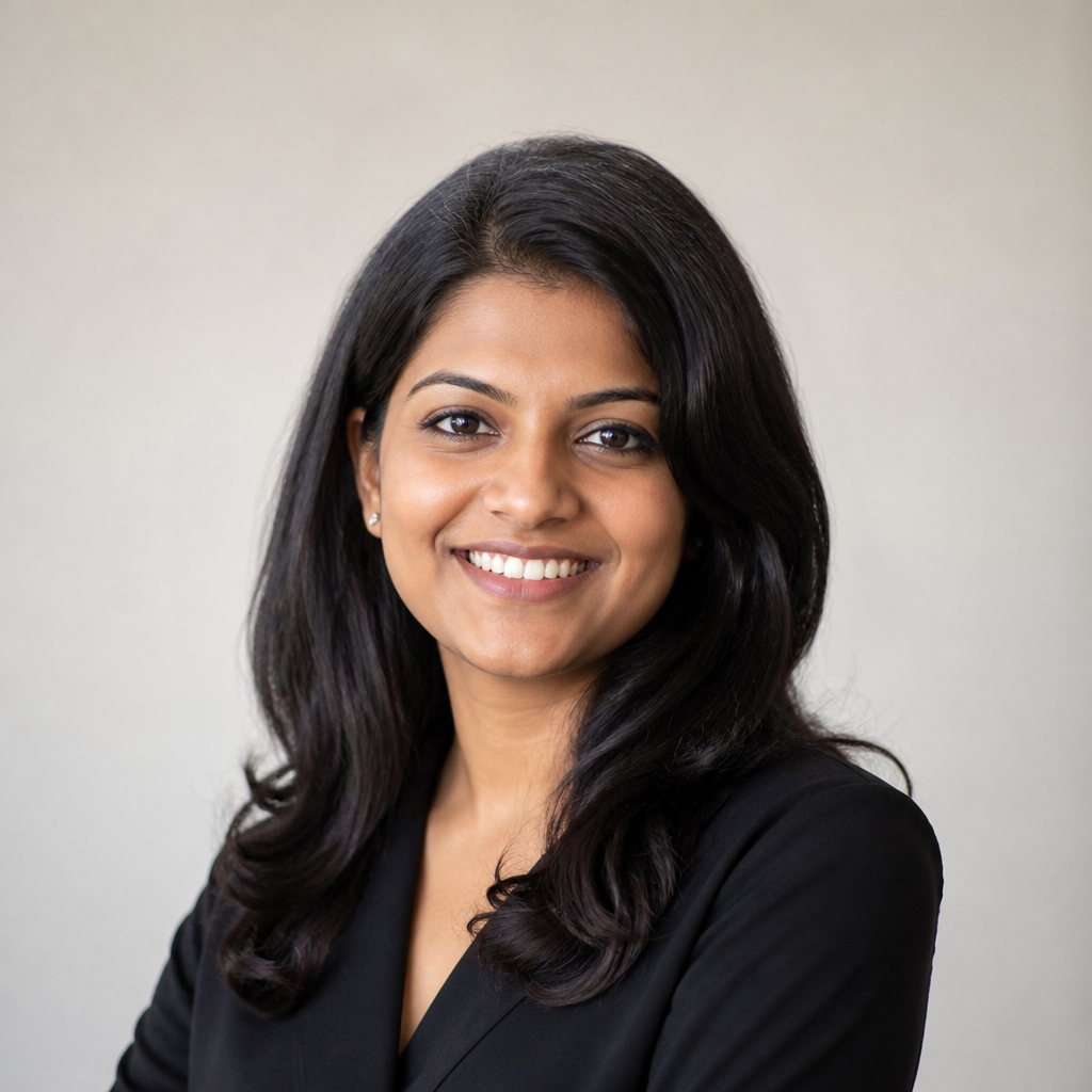 Cheerful portrait of an Indian woman in her early thirties with long wavy black hair, subtle makeup, hoop earrings, bright natural smile against a softly blurred bokeh background