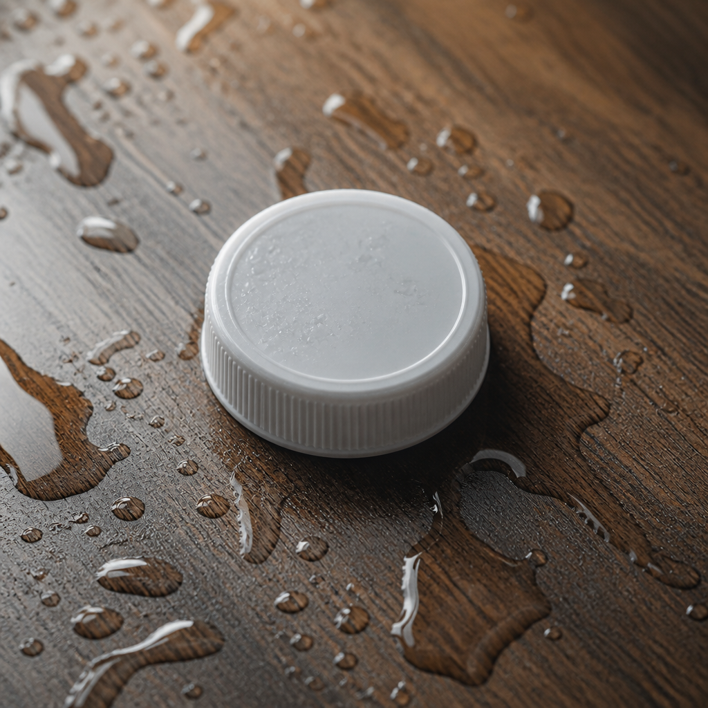A close-up overhead shot of a generic, unbranded water bottle cap lying on a damp desk with water pooled around it, illustrating a leaky competitor seal &mdash; no logos or brand marks anywhere on the cap