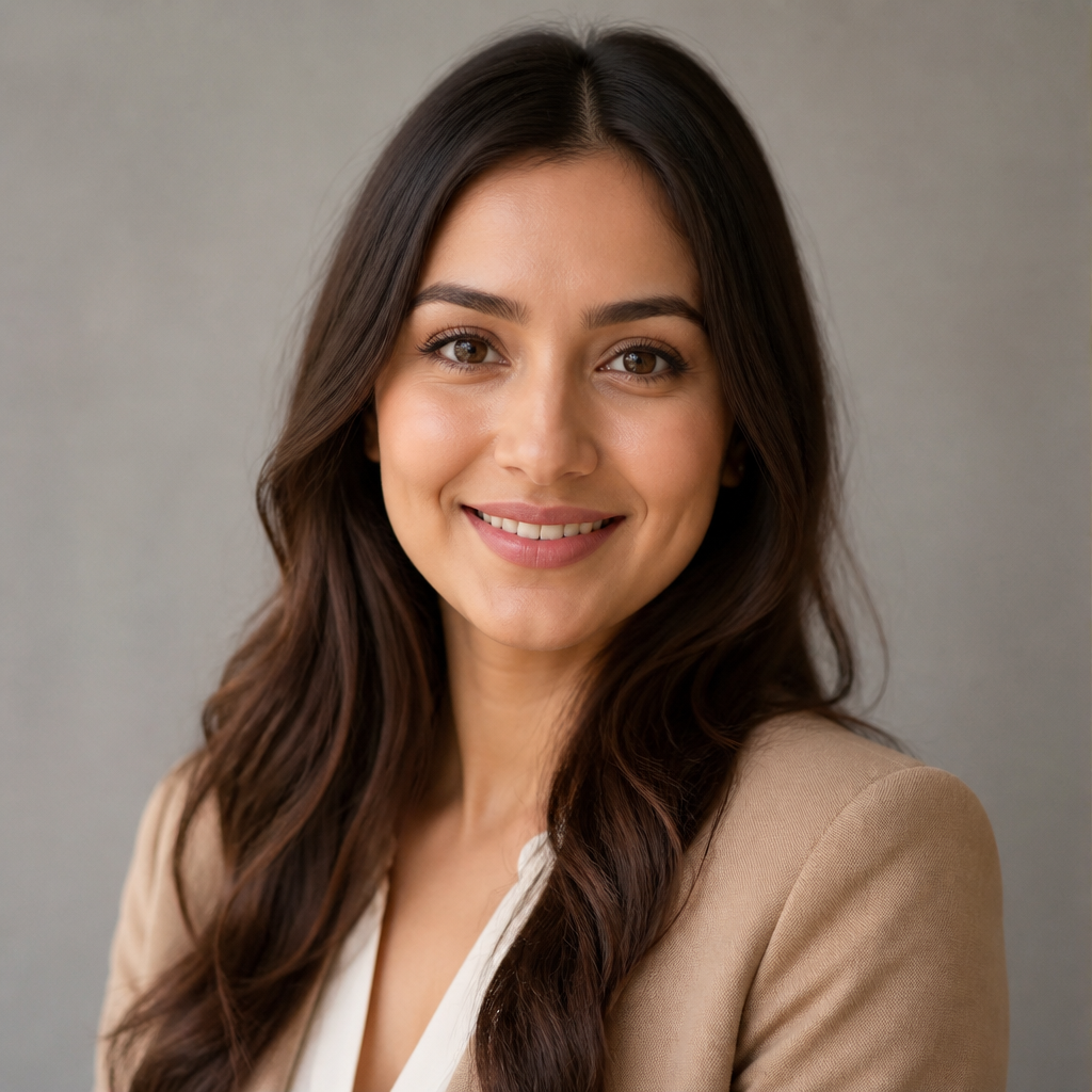 Friendly portrait of a smiling South Asian woman in her late twenties with long dark hair, soft golden-hour lighting, gentle blurred studio background