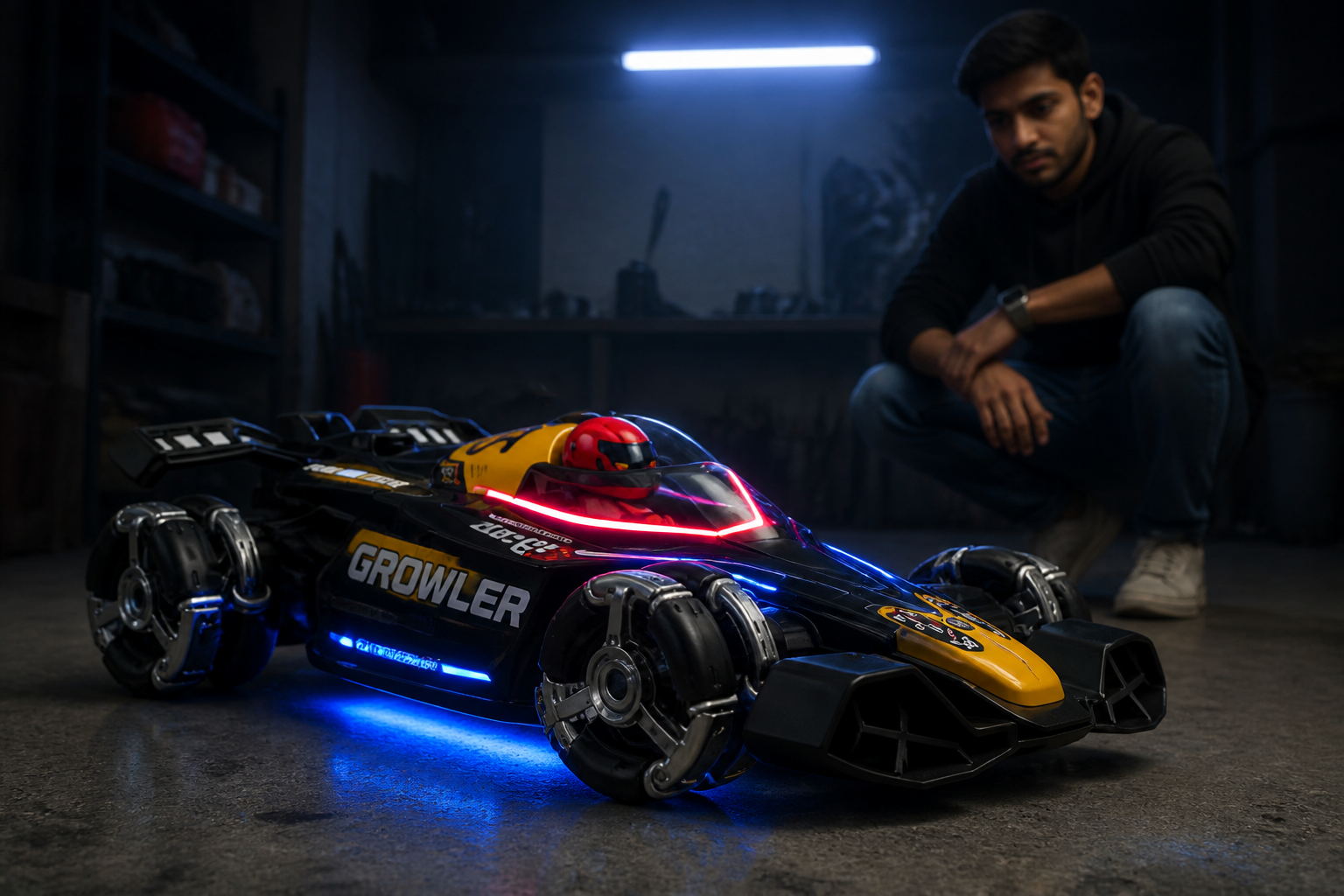 GRAPHENE RC Growler variant &mdash; muscular buggy with aggressive stance and LED underglow lighting in a dark garage setting