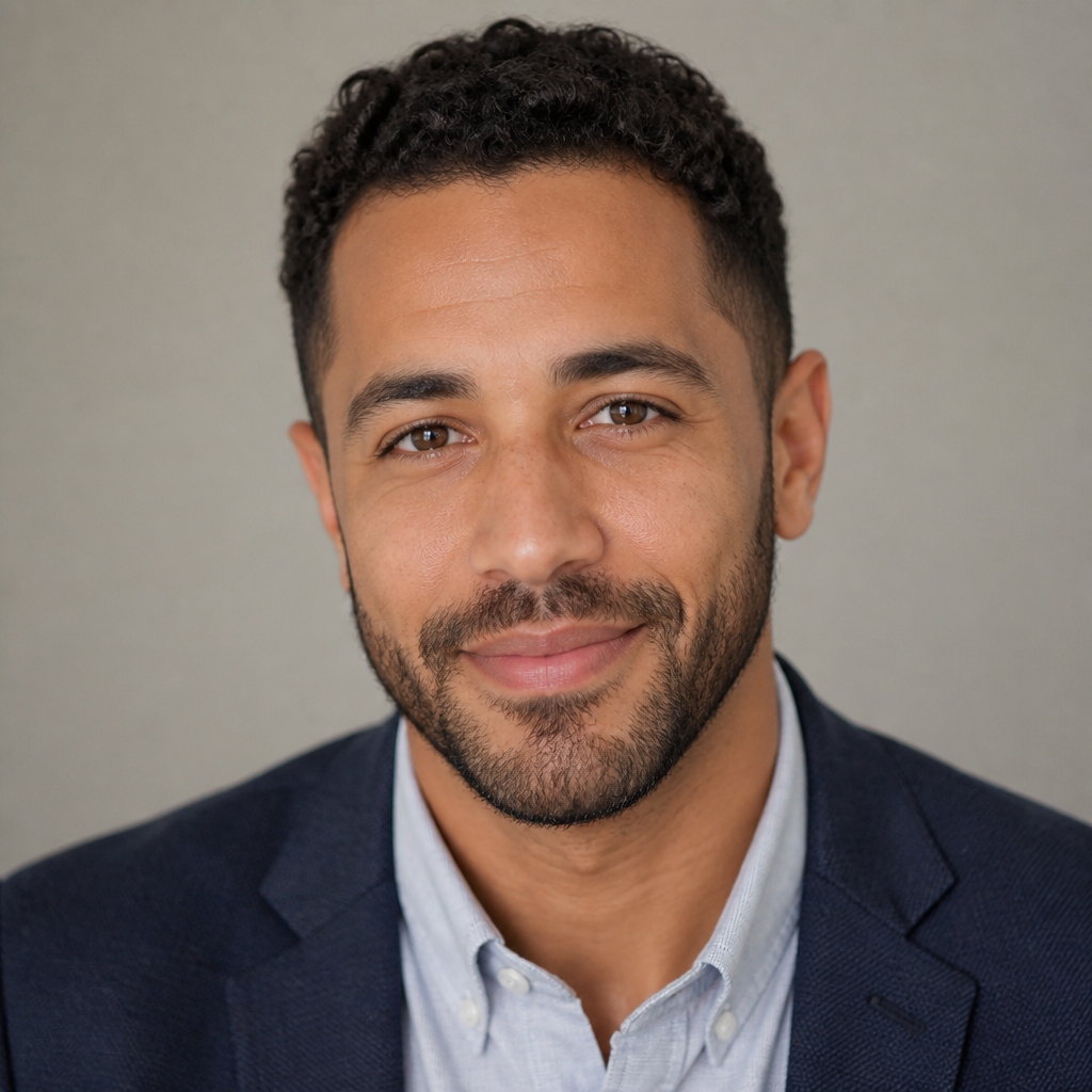 Warm portrait of a Black man with a short beard and round glasses, relaxed confident smile, wearing a knit sweater, soft diffused studio light against a muted gray backdrop