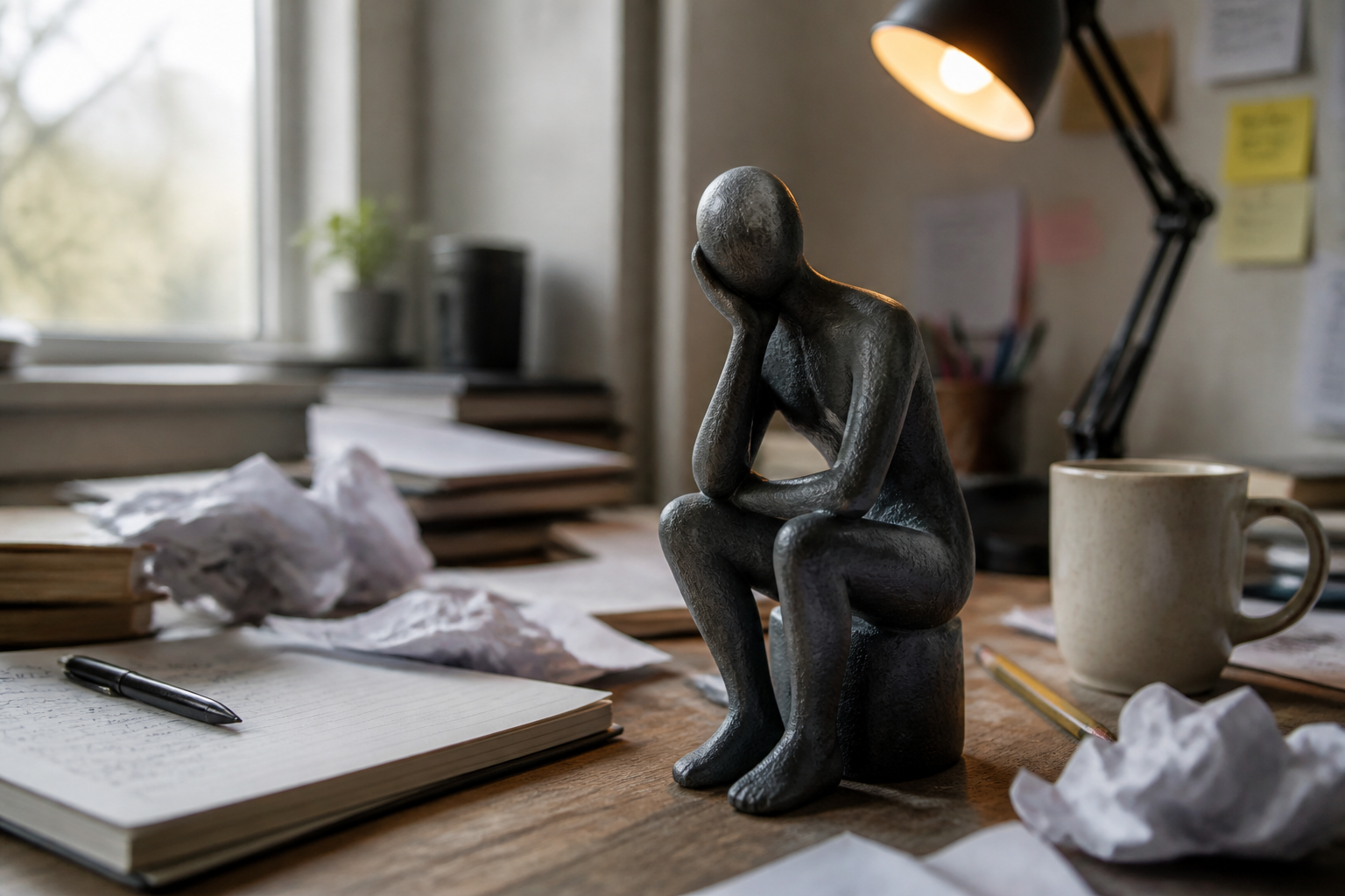 A cluttered study desk with scattered papers and basic supplies, creating an uninspiring workspace atmosphere