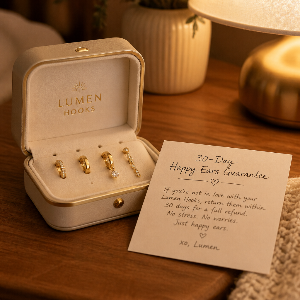 Lumen Hooks jewelry box on a wooden bedside table next to a handwritten 30-Day Happy Ears Guarantee card in warm ambient lighting