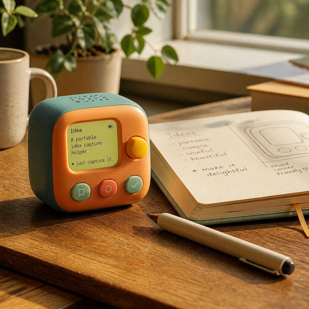 Compact colorful idea capture helper beside a notebook in warm natural light