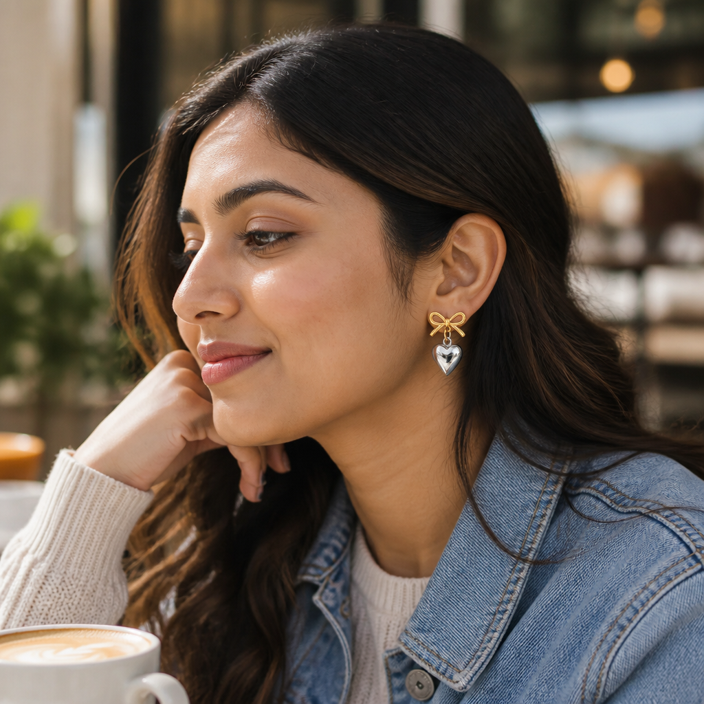 Indian woman wearing Love Heart Earrings at relaxed Sunday brunch with coffee and soft natural light
