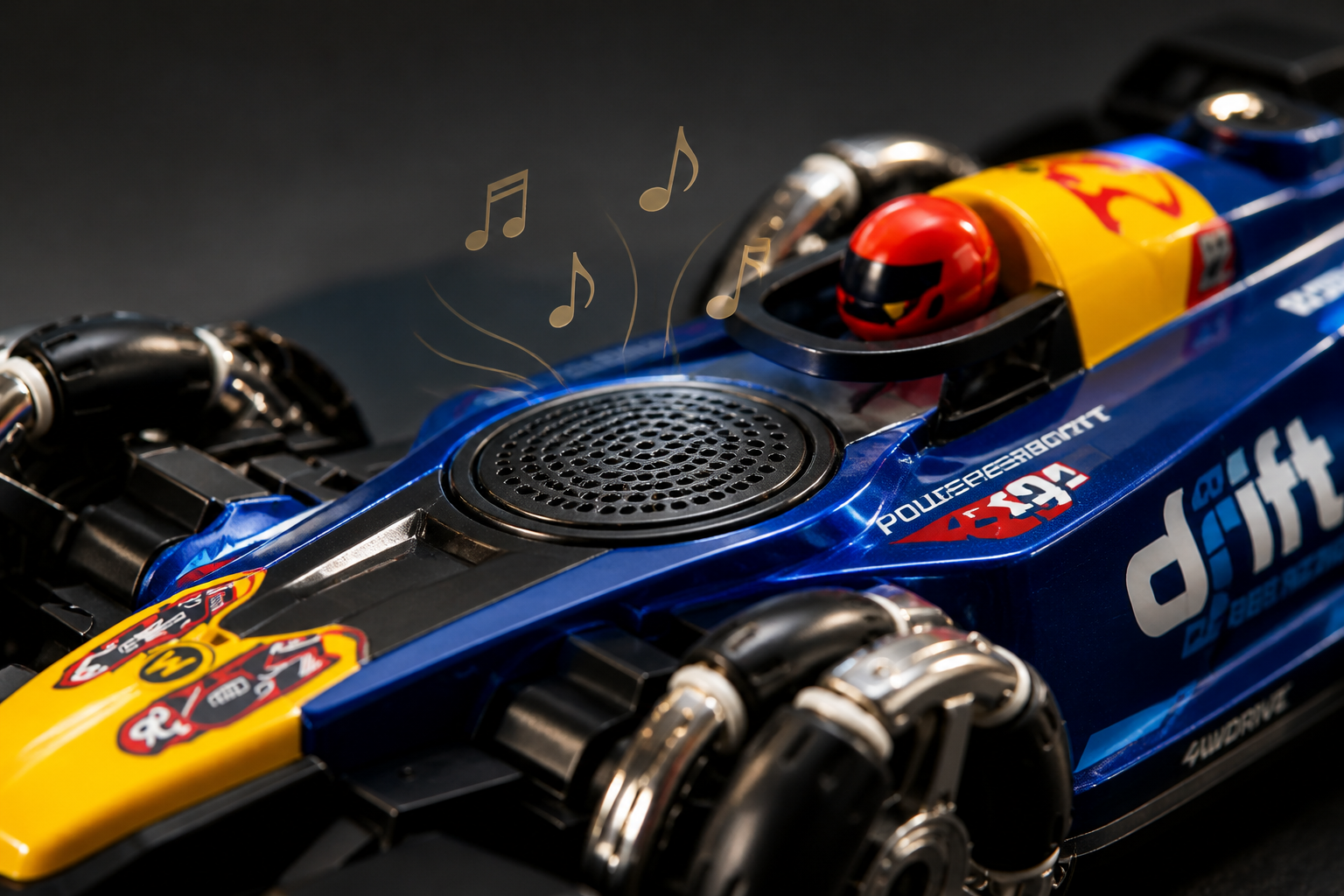 Close-up macro shot of the GRAPHENE RC car speaker grille on the chassis with musical note graphics floating above it