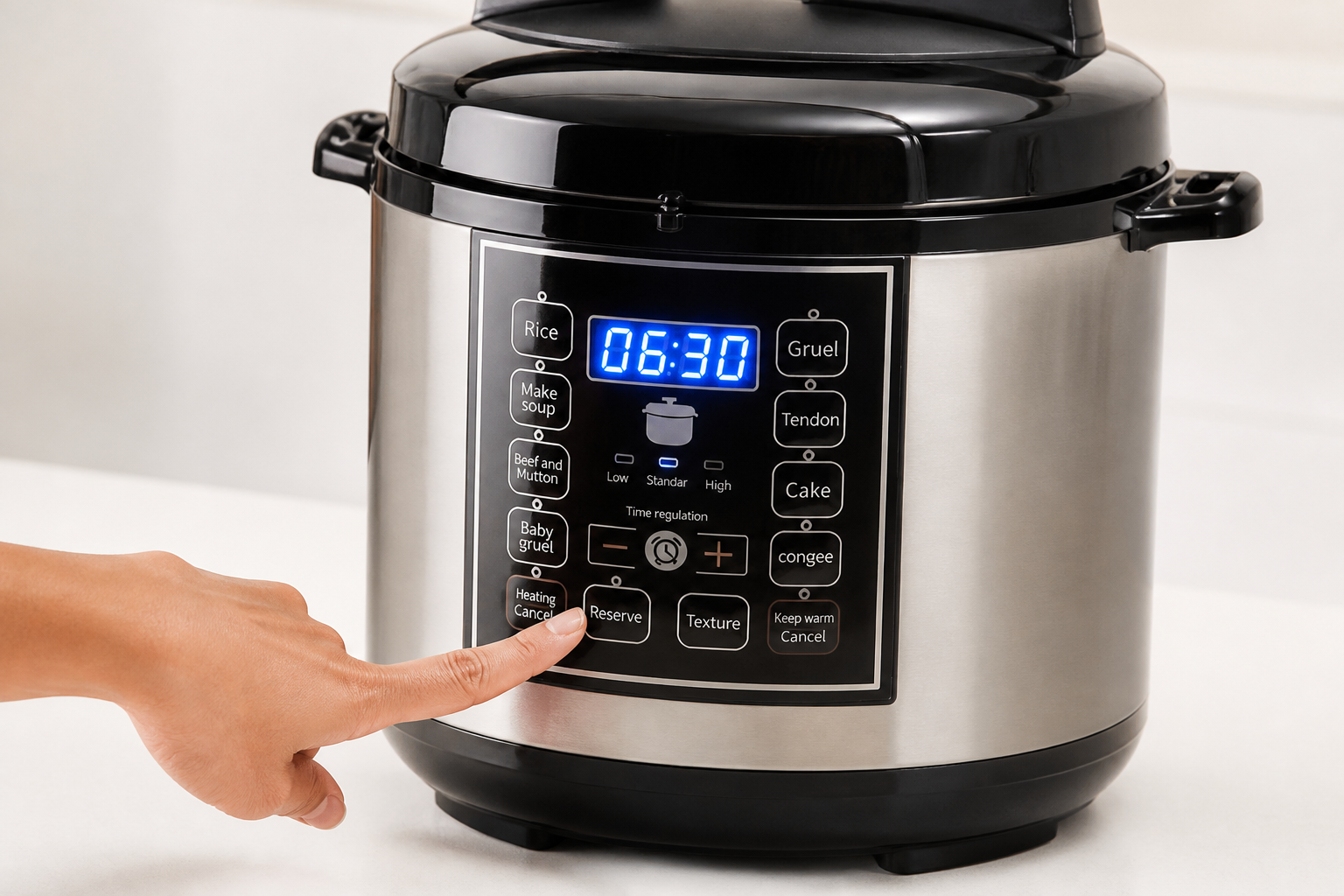 Close-up of the glowing blue LCD display panel of the 5L pressure cooker showing a digital timer reading 06:30 with a finger pressing the reservation start button in a clean modern home