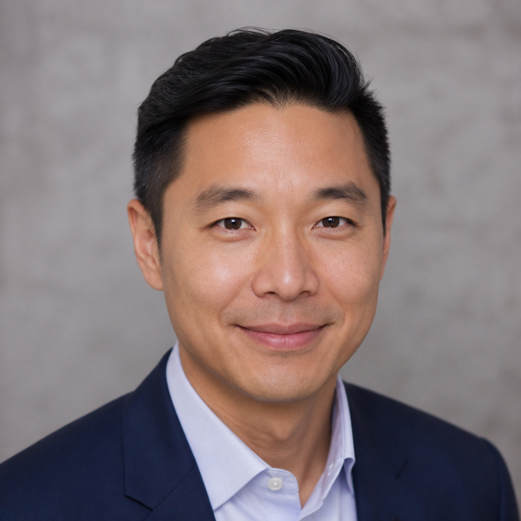 Friendly portrait of a young Korean American man with short black hair, relaxed smile, wearing a casual crew neck sweater, soft natural window light, clean backdrop