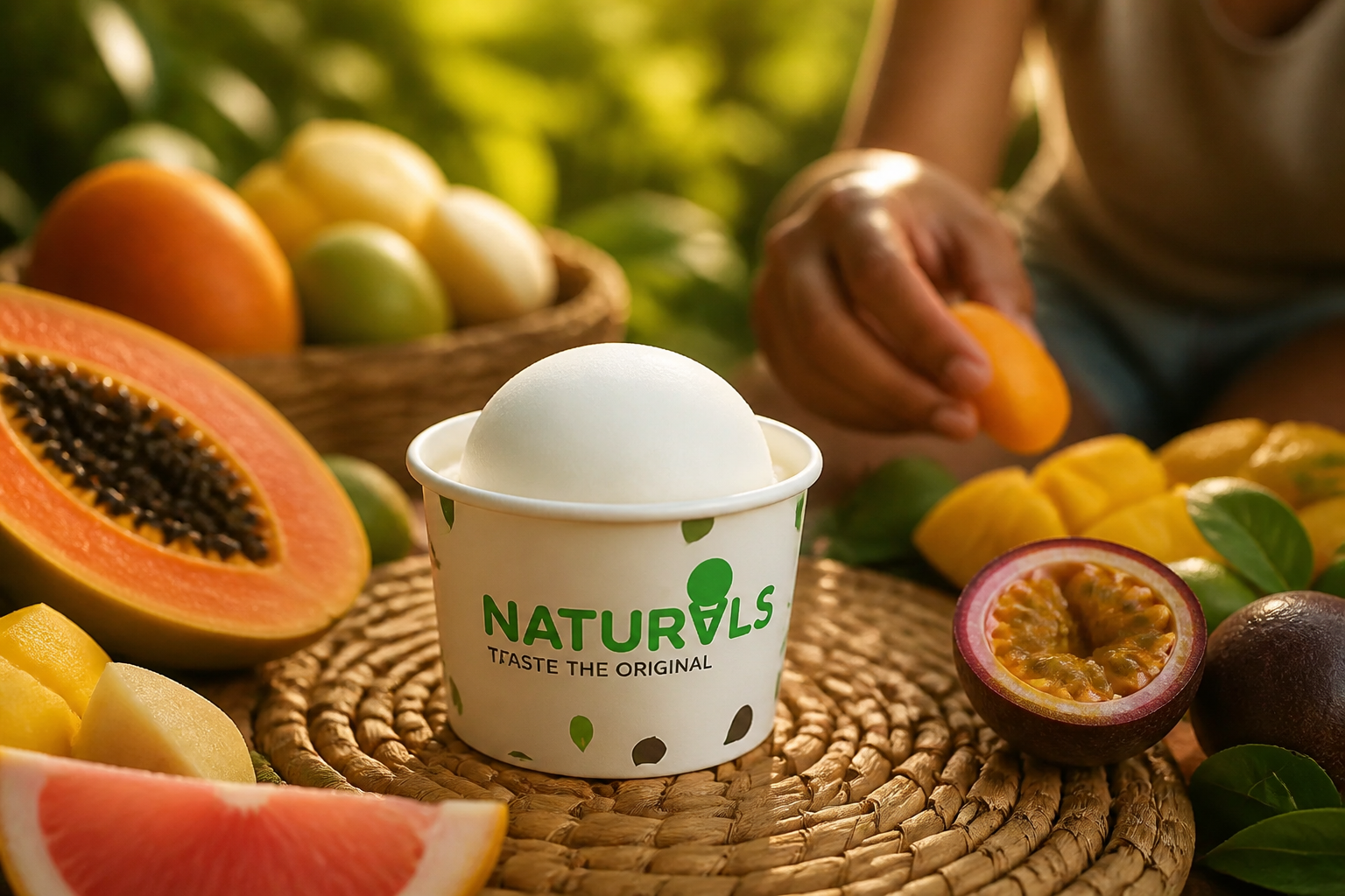 Fresh colorful fruits being carefully selected by hand in a natural setting, golden hour lighting