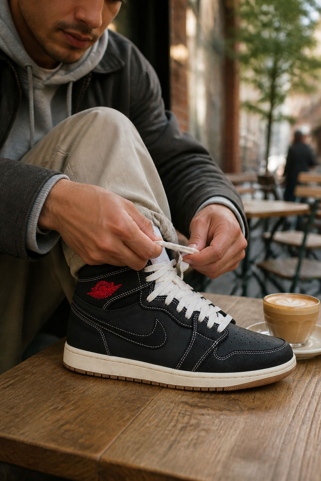 Close-up lifestyle shot of Nike Total 90 Premium being laced up at a city café with latte on the table