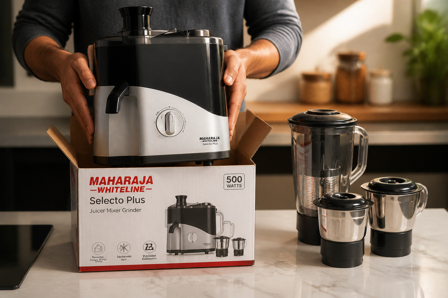 Cinematic unboxing-style product photo of the Maharaja Whiteline Selecto Plus being lifted from its printed box on a clean white marble counter showing the sleek black and silver motor base alongside three stainless steel jars in soft directional lighting
