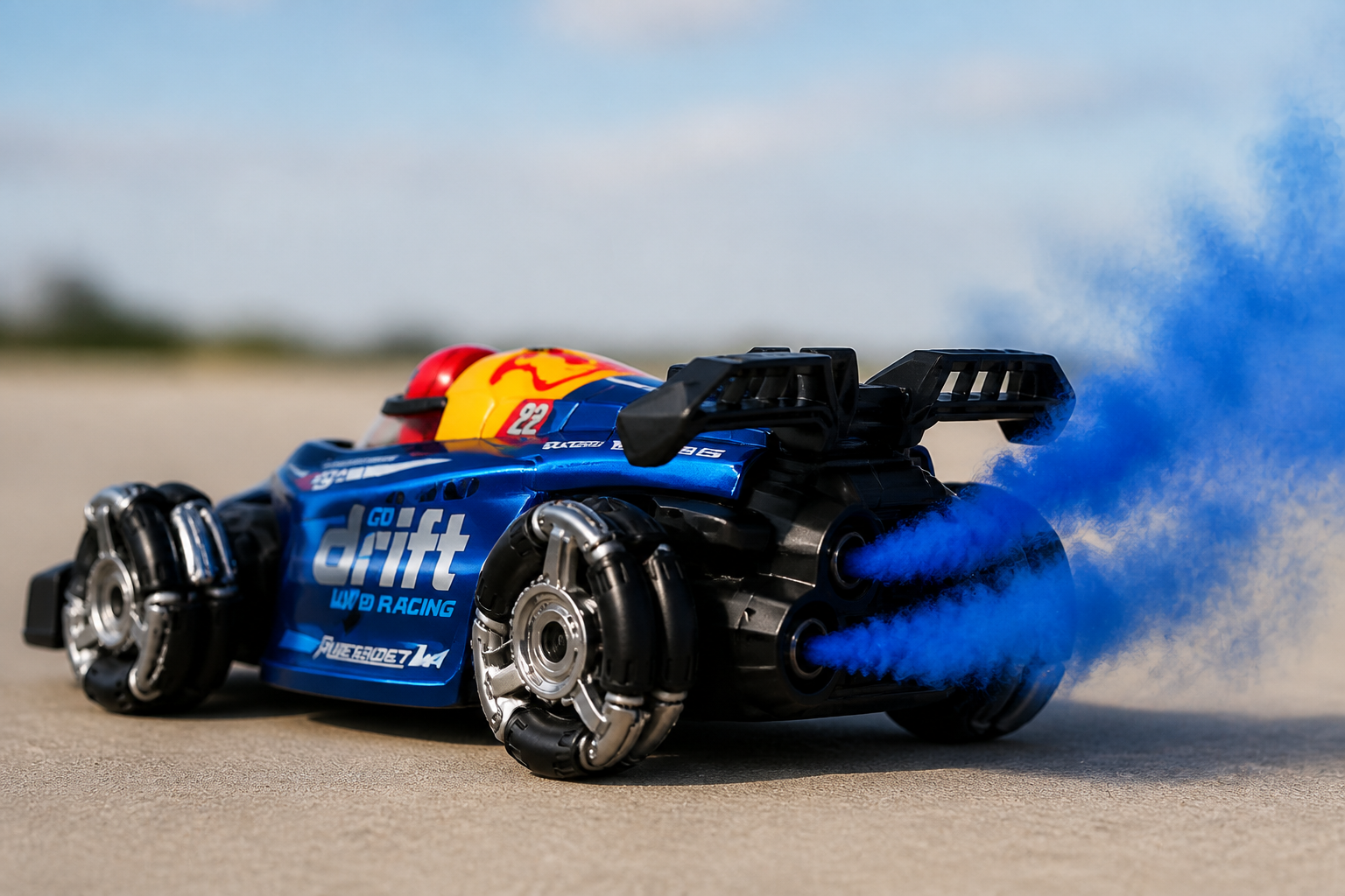 GRAPHENE Double Spray Drift Car in blue chrome with twin exhaust pipes shooting mist trails