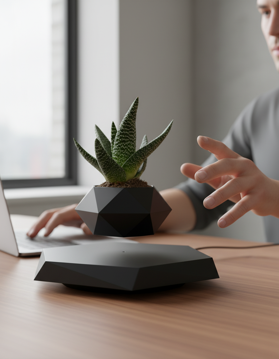 Complete levitating bonsai tree product package with all included components