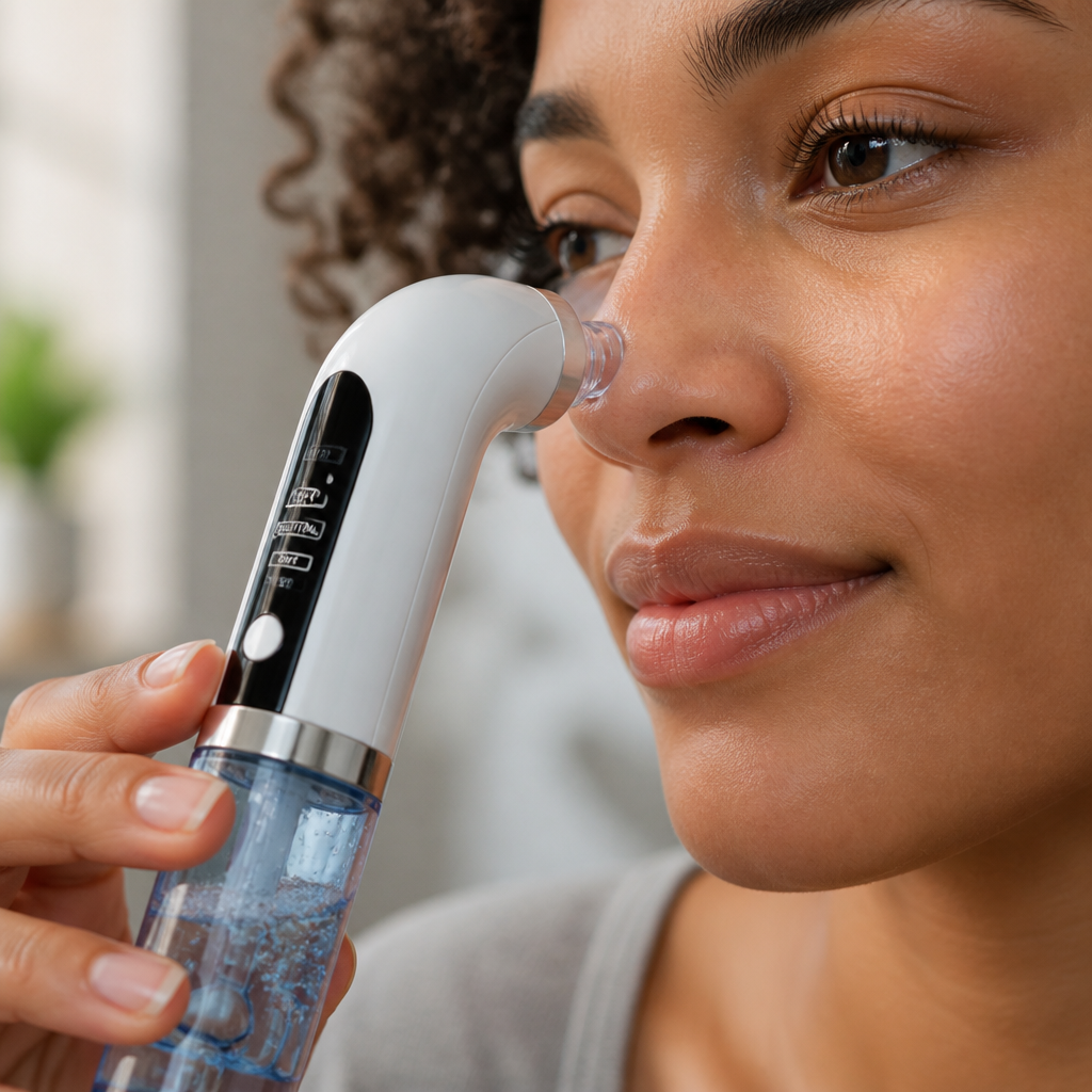 Lifestyle shot of device being used on skin with visible gentle suction effect