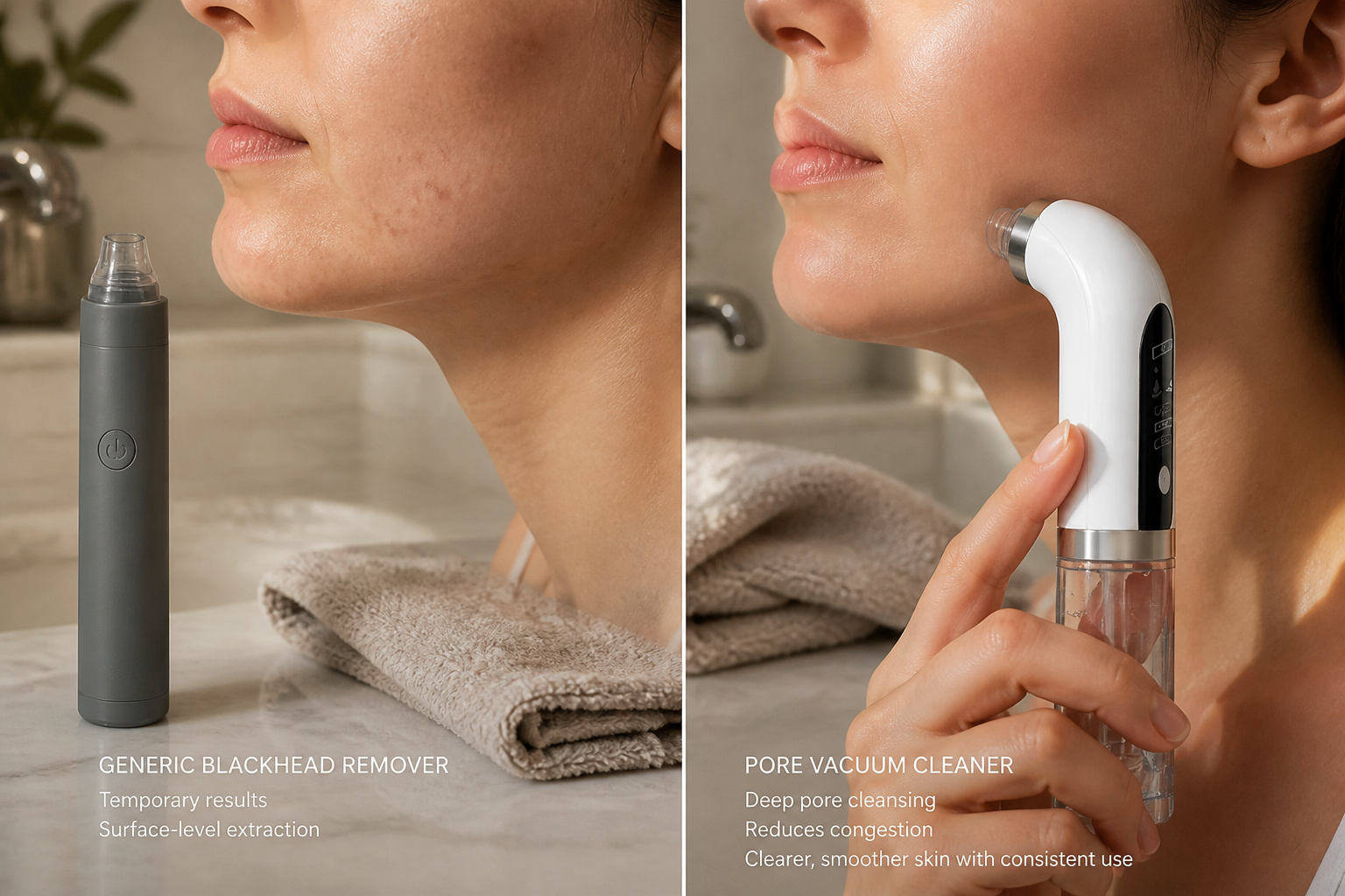 After close-up of the same woman showing calmer, smoother chin and jawline area with reduced congestion after consistent blackhead vacuum use