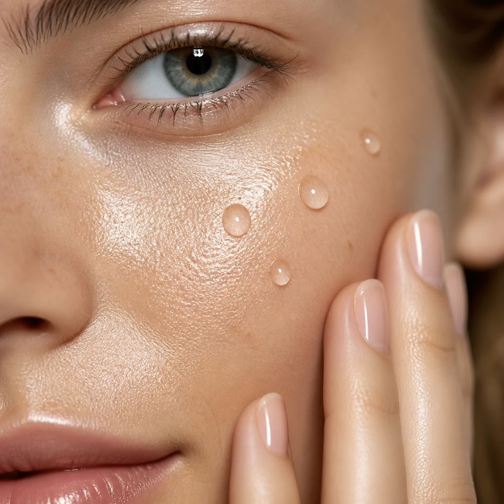 Extreme close-up of glowing dewy skin with crystal-clear water droplets resting on a soft cheek, studio beauty lighting, hydrated luminous complexion, premium skincare editorial photography