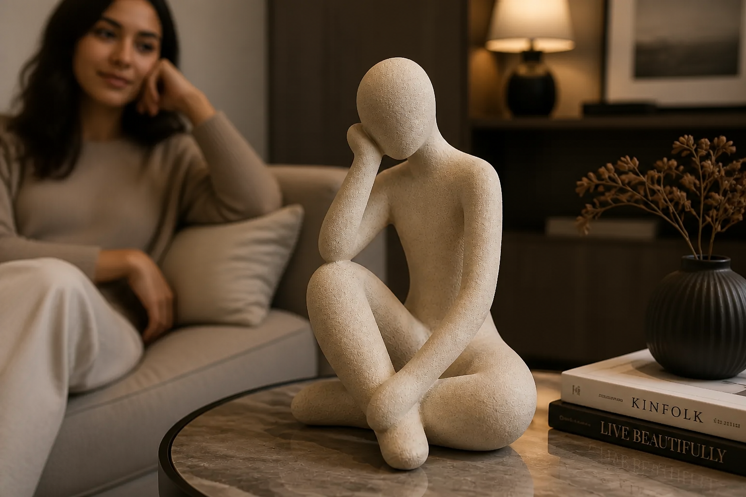 Elegant living room featuring the Abstract Thought Thinker Accent resin art piece displayed on a center table with warm ambient lighting and tasteful decor