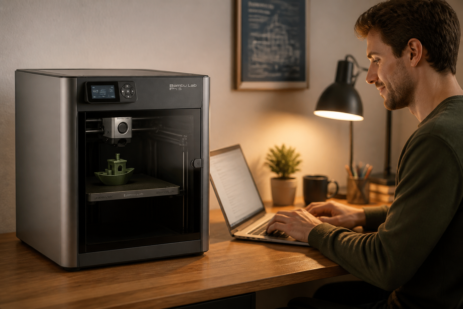 The Bambu Printer sitting on a small office desk beside a person working on an open laptop with no headphones, soft warm ambient light from a desk lamp, the person looks relaxed and focused