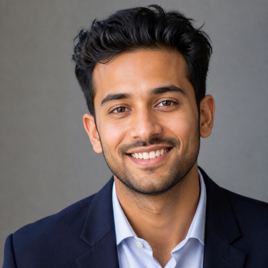 Close-up portrait of an Indian man with short dark hair, warm confident smile, soft natural studio lighting, neutral blurred background, professional headshot composition