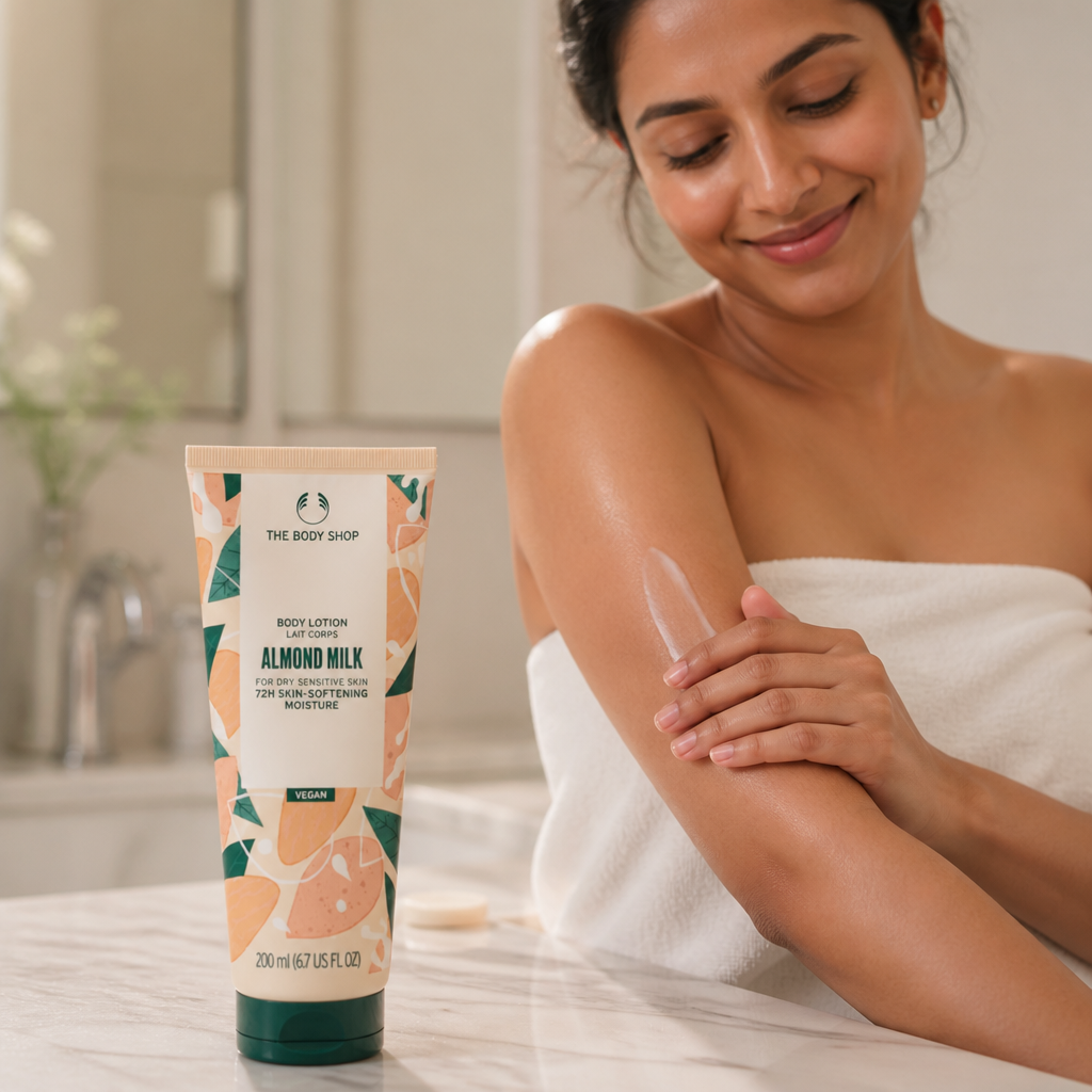 Step-by-step lifestyle image sequence showing a woman in a clean white bath towel applying lotion with a smile, glowing soft skin in warm bathroom light, soft palette