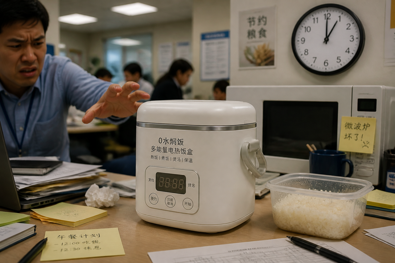 Frustrated office worker looking at sad cold lunch from plastic container, microwave lineup visible in background, clock showing lunch hour wasted, expression of disappointment and hunger