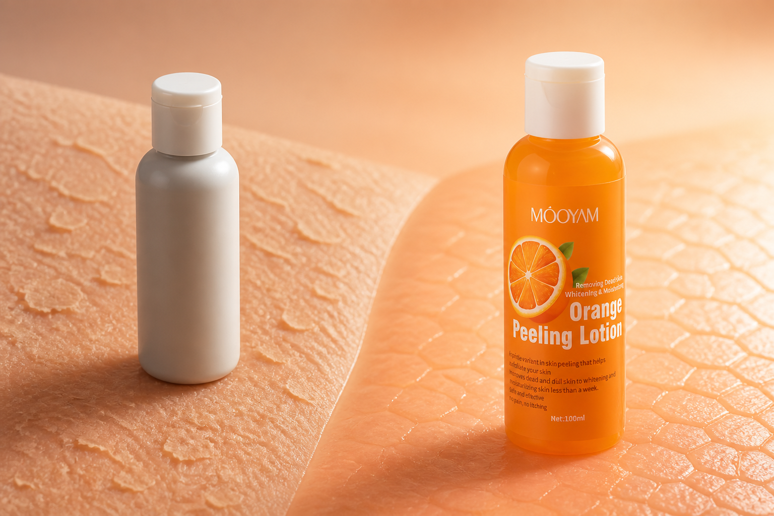 Macro side-by-side comparison showing dry dull skin cells on the left transitioning into soft hydrated glowing skin cells on the right with soft orange light