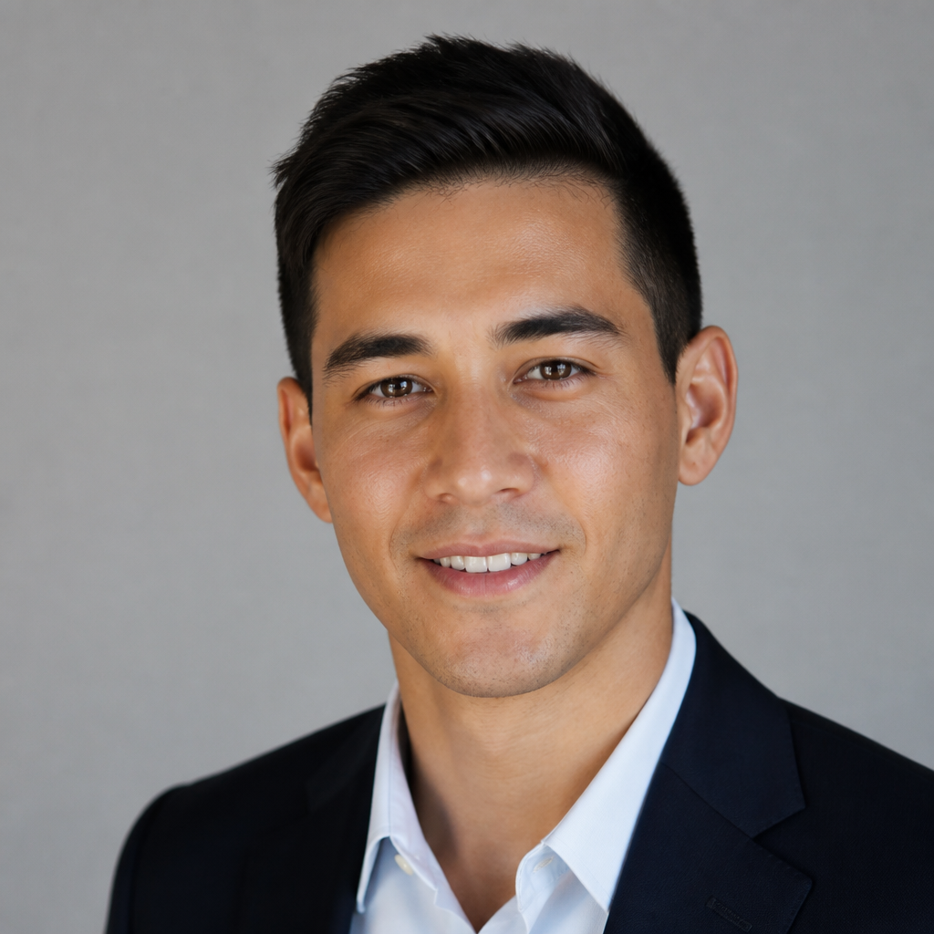 Friendly professional portrait of an Asian male 3D print reviewer in his thirties smiling warmly, wearing glasses and a casual button-up shirt in a bright modern office