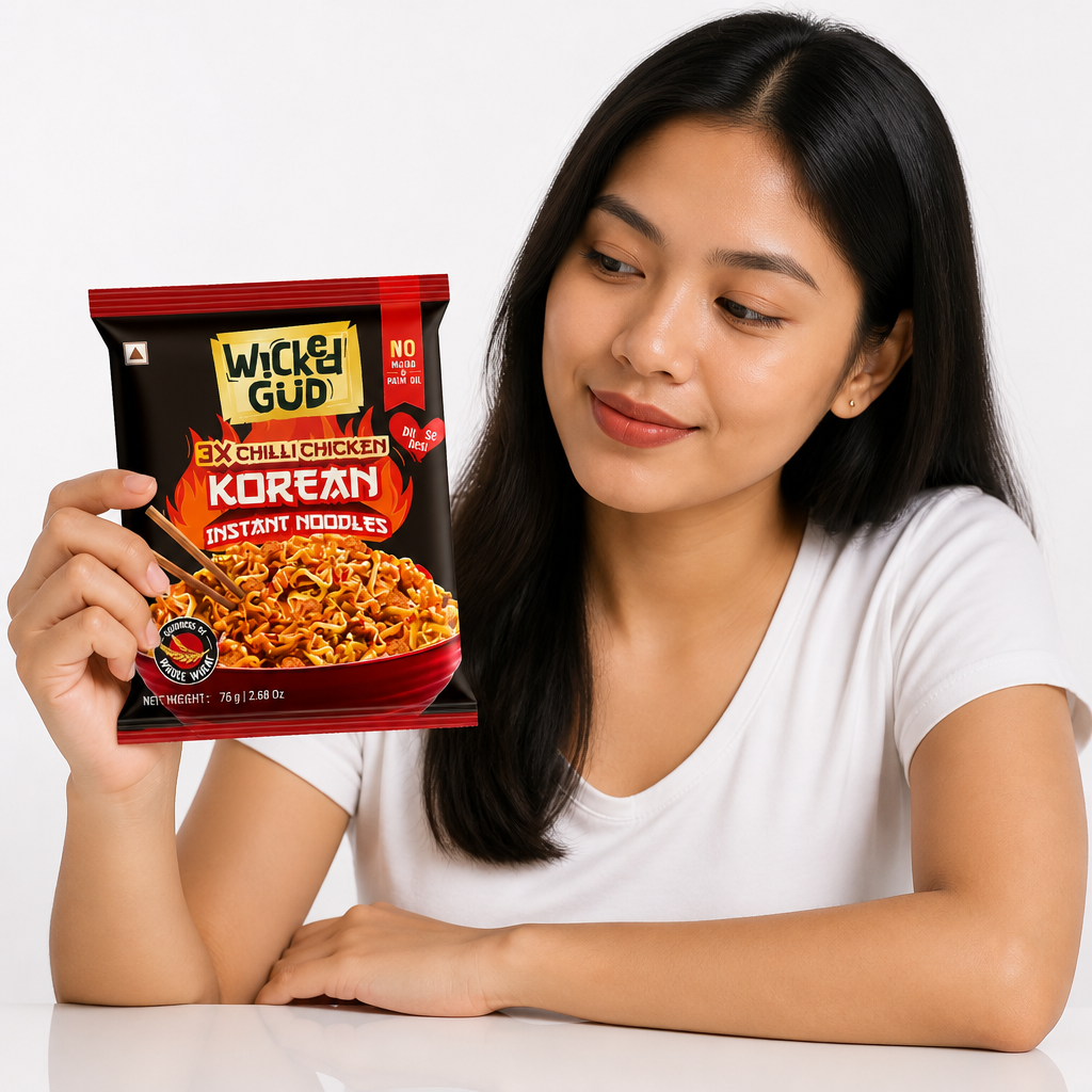 Bold red designed packaging of 3x chilli chicken Korean instant noodles with fiery chili pepper graphics and premium product branding