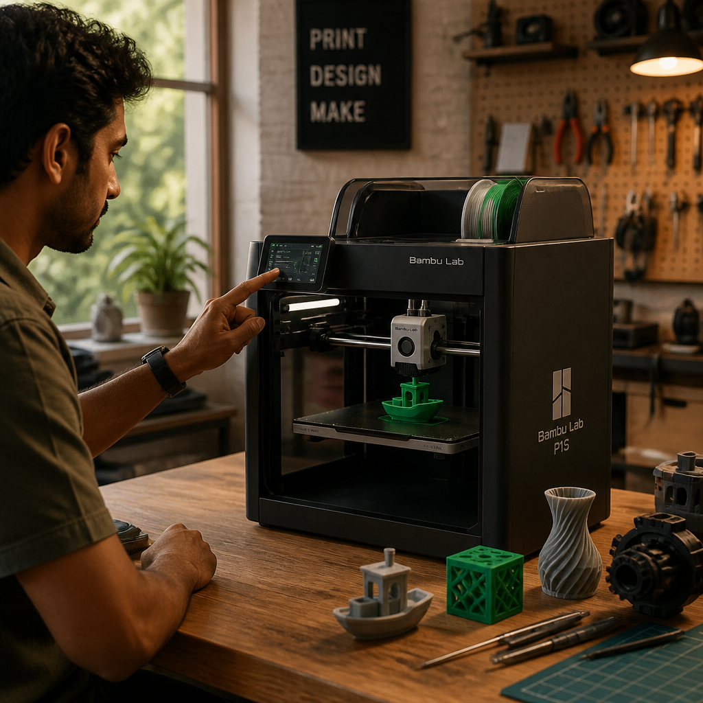 Adult hobbyist in a well-equipped home workshop surrounded by sample prints and the Bambu printer running on a sturdy workbench