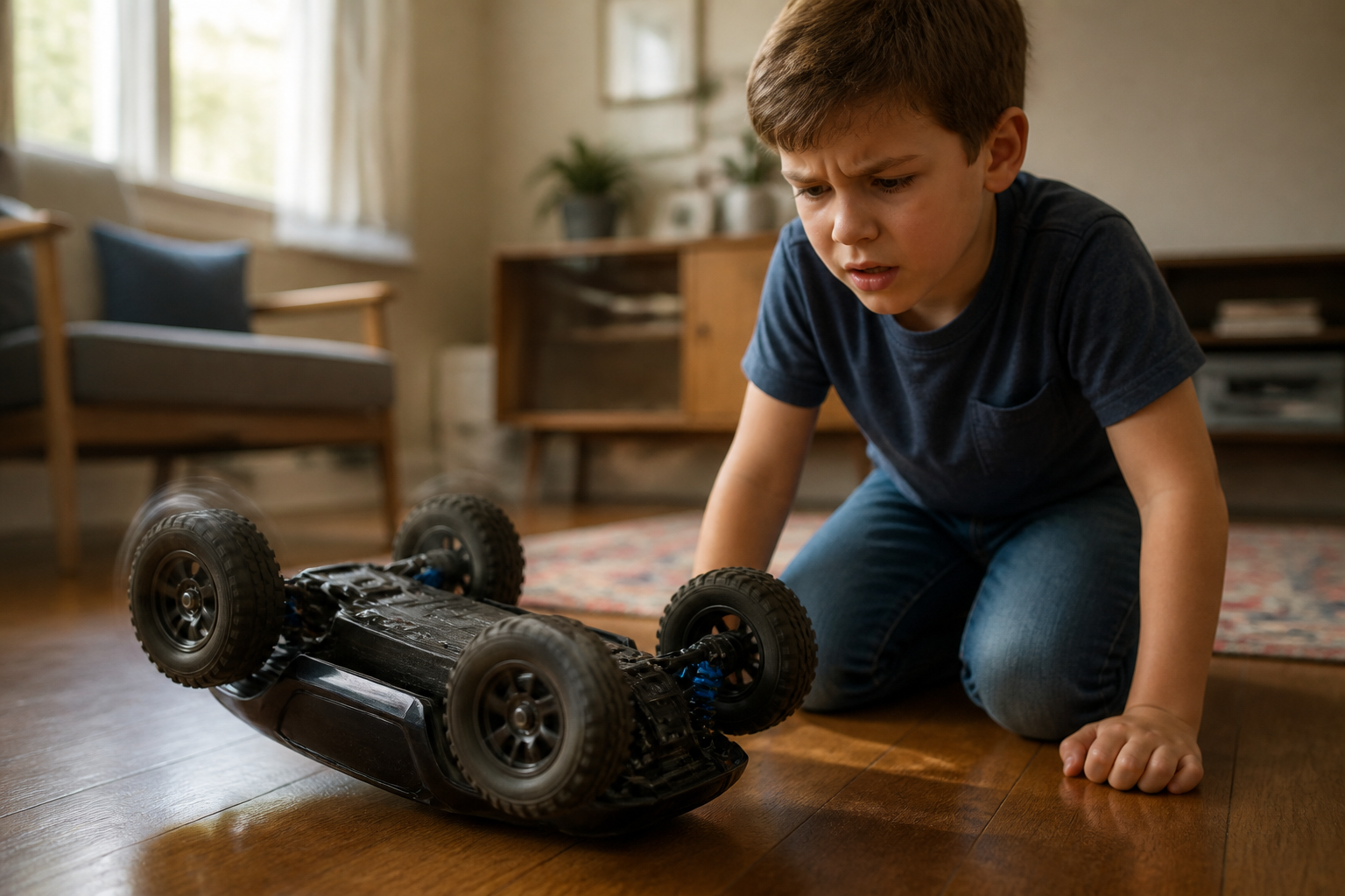 A generic unbranded RC car flipped upside-down on the floor, wheels spinning in the air, a frustrated child looking at it