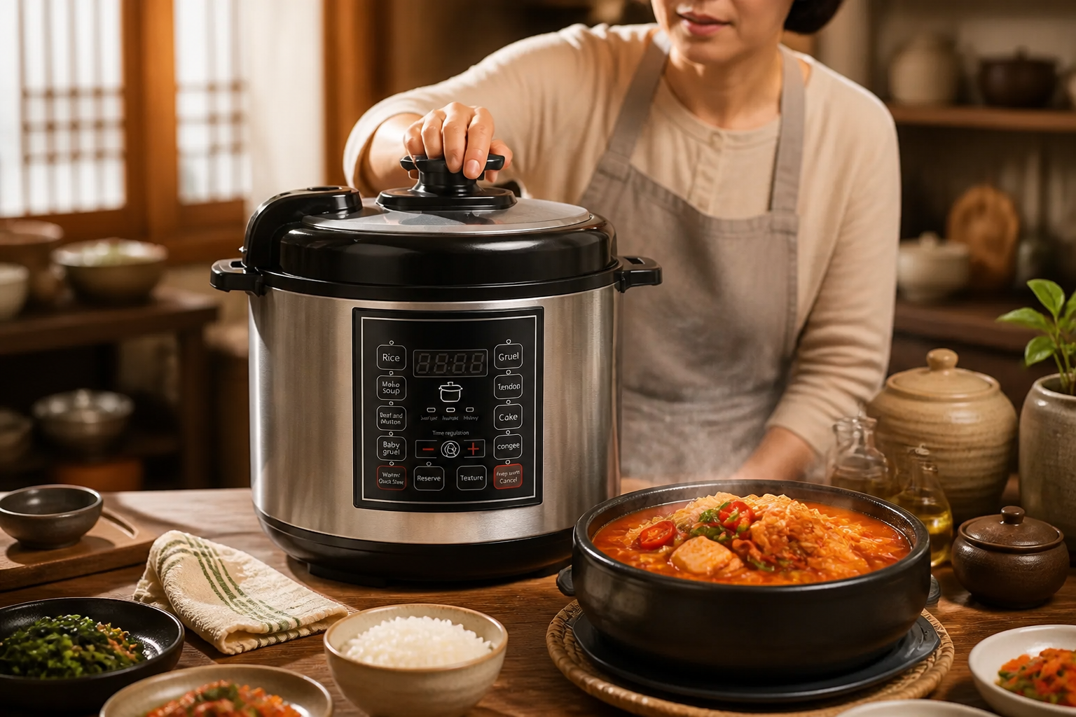 아름다운 그릇에 담긴 붉은 색 김치찌개, 표면에 김이 피어오르고 고루니와 돼지고기 등이 가득 들어있는 한국 전통 가정식 장면