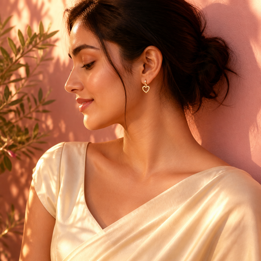 Stylish Indian woman in a cream silk blouse wearing the Love Heart Earrings, soft pink background, lifestyle fashion photography, golden hour