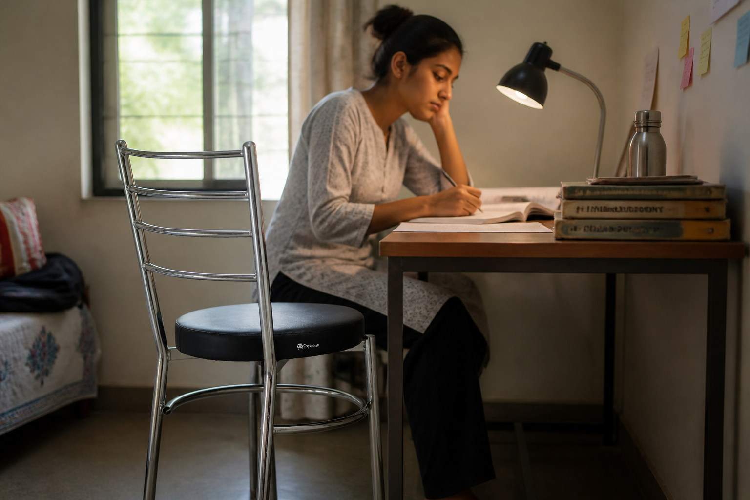The black chair next to a hostel room bunk bed with study lamp and minimalist decor on a simple desk surface.