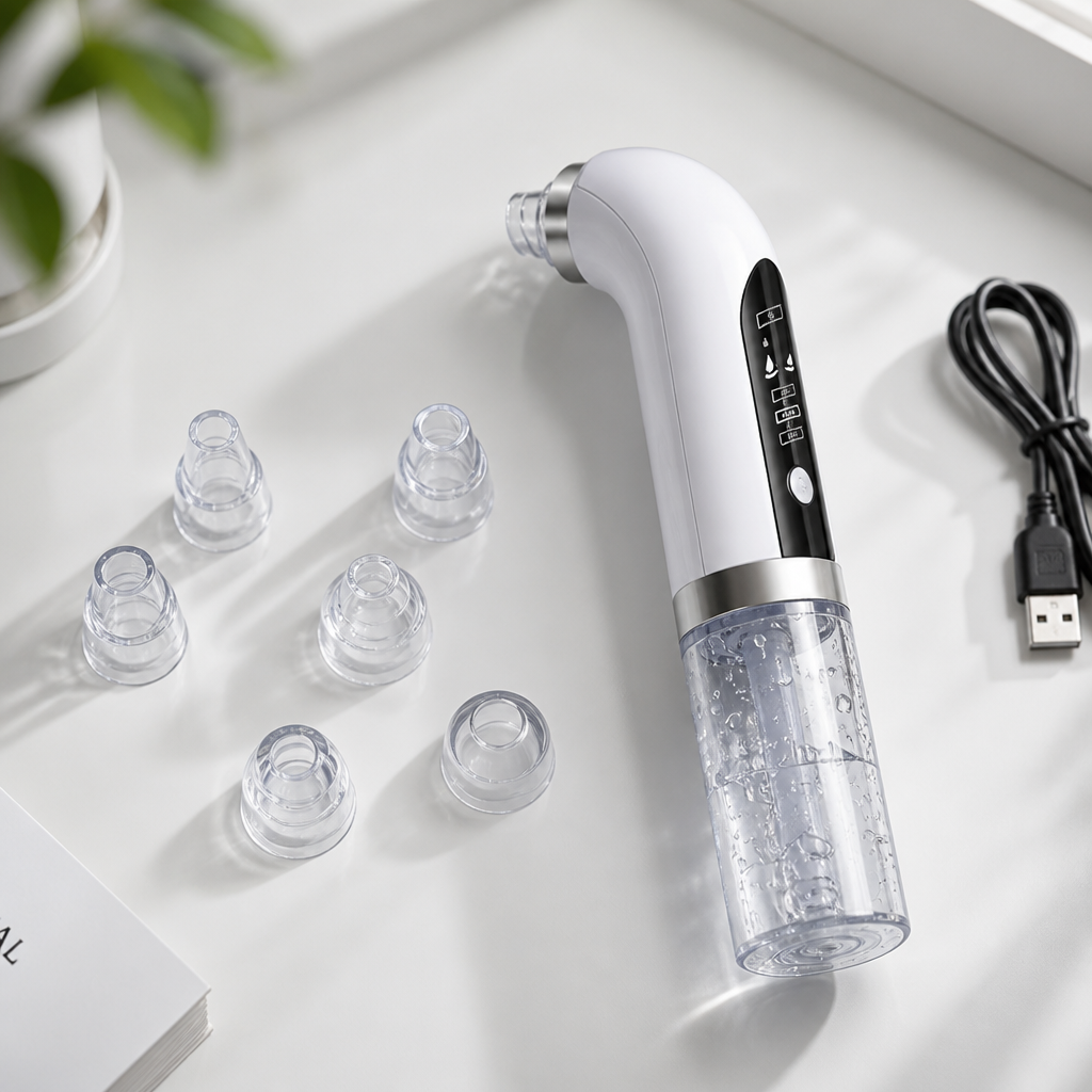 Top-down view of the main white rechargeable blackhead vacuum device sitting on a clean white desk next to its charging cable and accessories