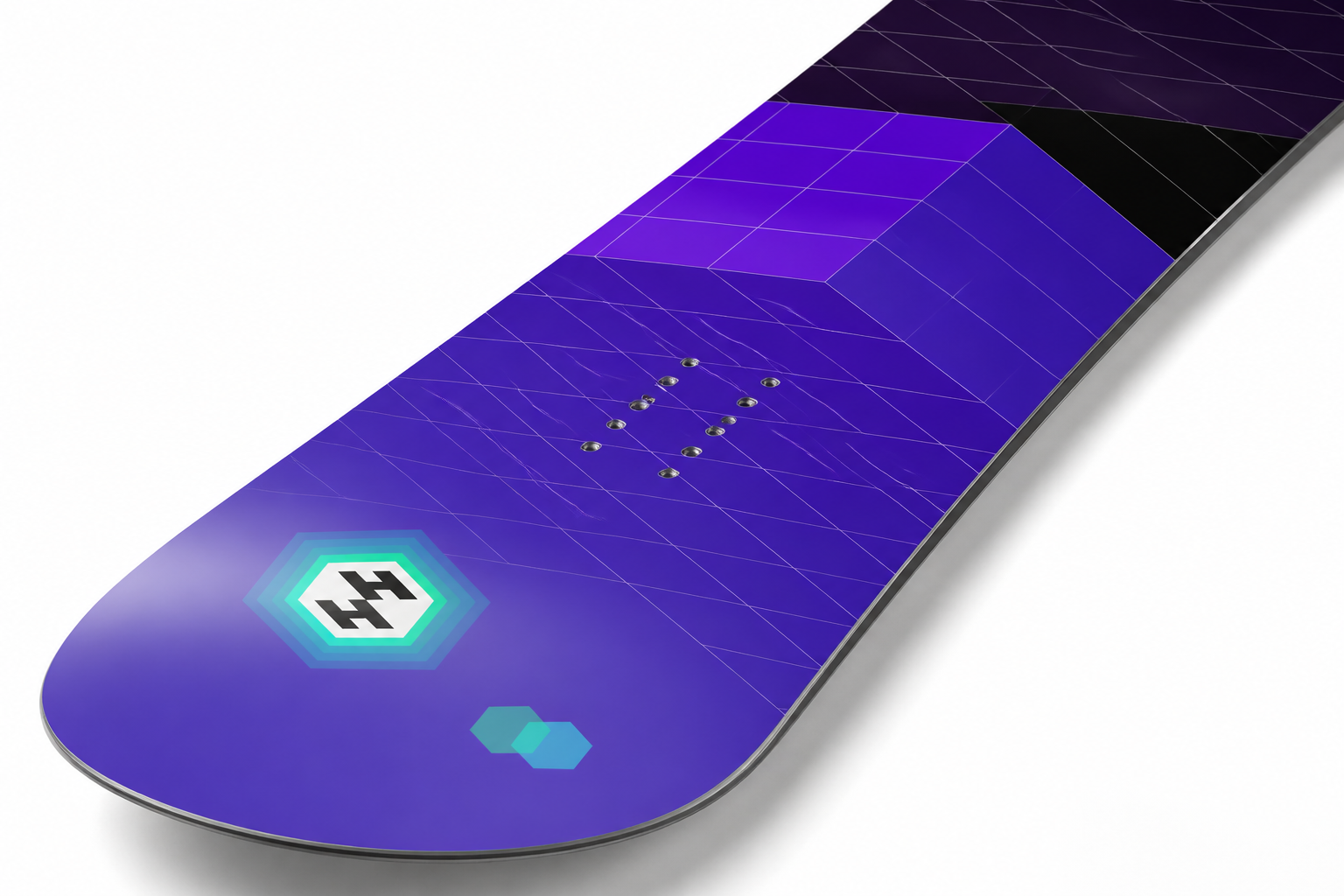 Detailed close-up photograph of snowboard construction quality showing sharp steel edges, precise base materials, and intricate graphic design with soft studio lighting on a clean white background