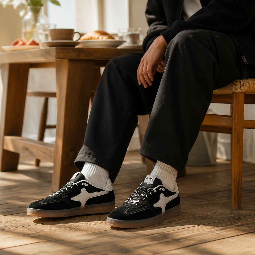 Lifestyle scene of a person in relaxed monochrome outfit wearing Aeres NOIR sneakers at a sunlit morning brunch with coffee on wooden table