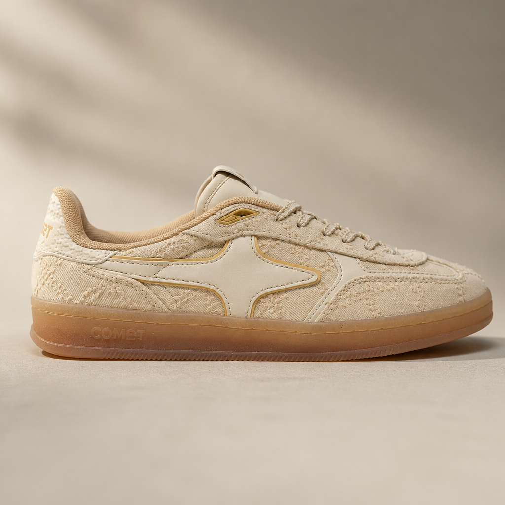 Aeres HALO premium cream colored retro court shoe displayed on minimalist surface with soft natural lighting and subtle shadows, highlighting the textured synthetic fabric and clean design