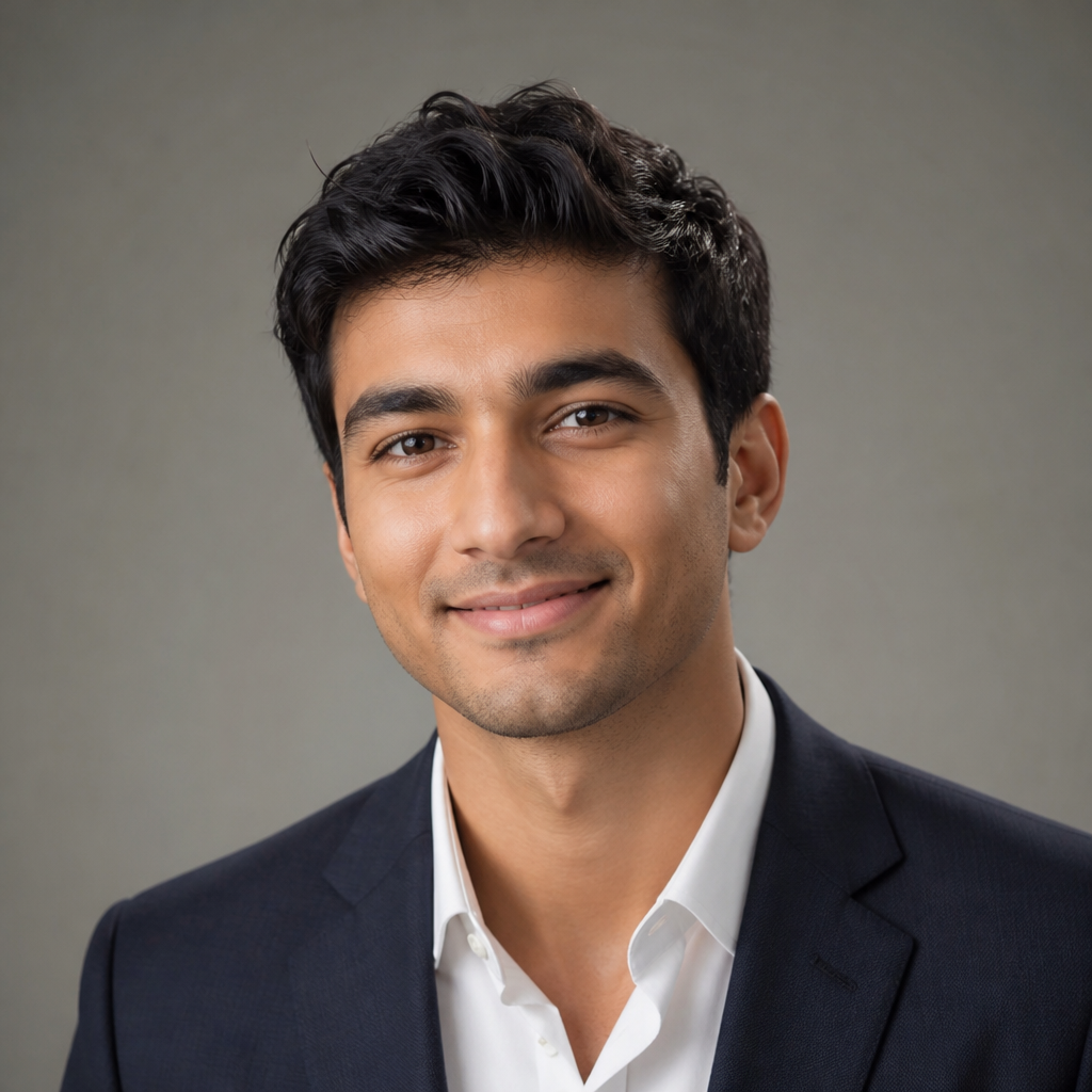 Casual confident headshot of a young Indian man with short hair wearing a navy shirt against a softly blurred office background