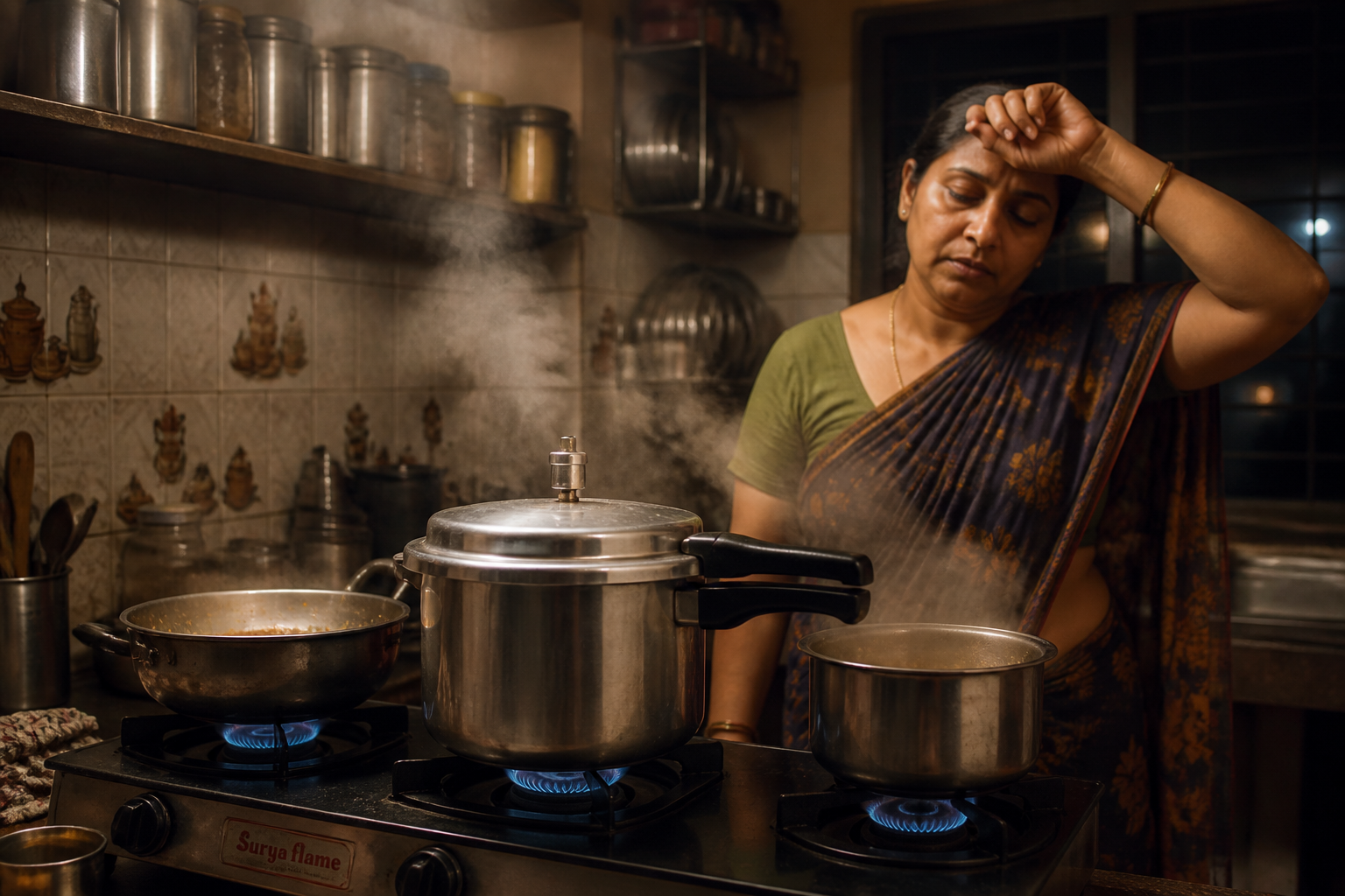 A cluttered Indian home kitchen counter at night with three steaming pots crowding two burners, hands wiping sweat from a tired woman's forehead, clock showing 9pm