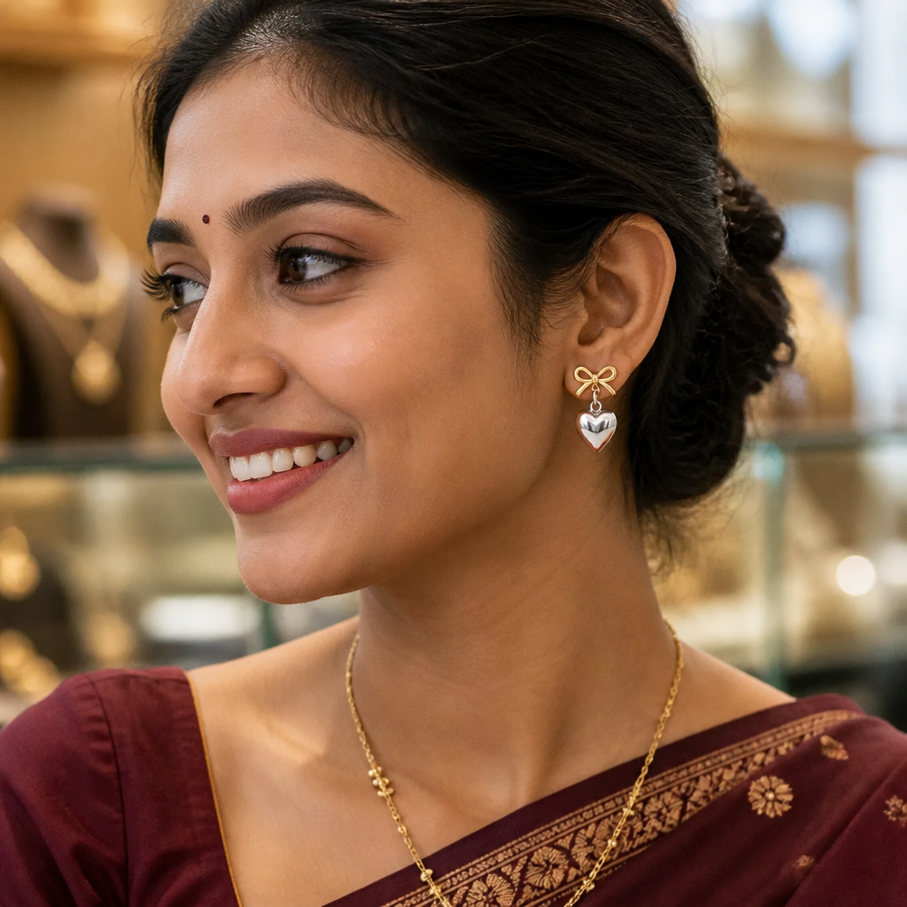 Smiling young Indian woman in a maroon saree wearing the Love Heart Earrings, traditional jewelry store background, happy customer testimonial style=