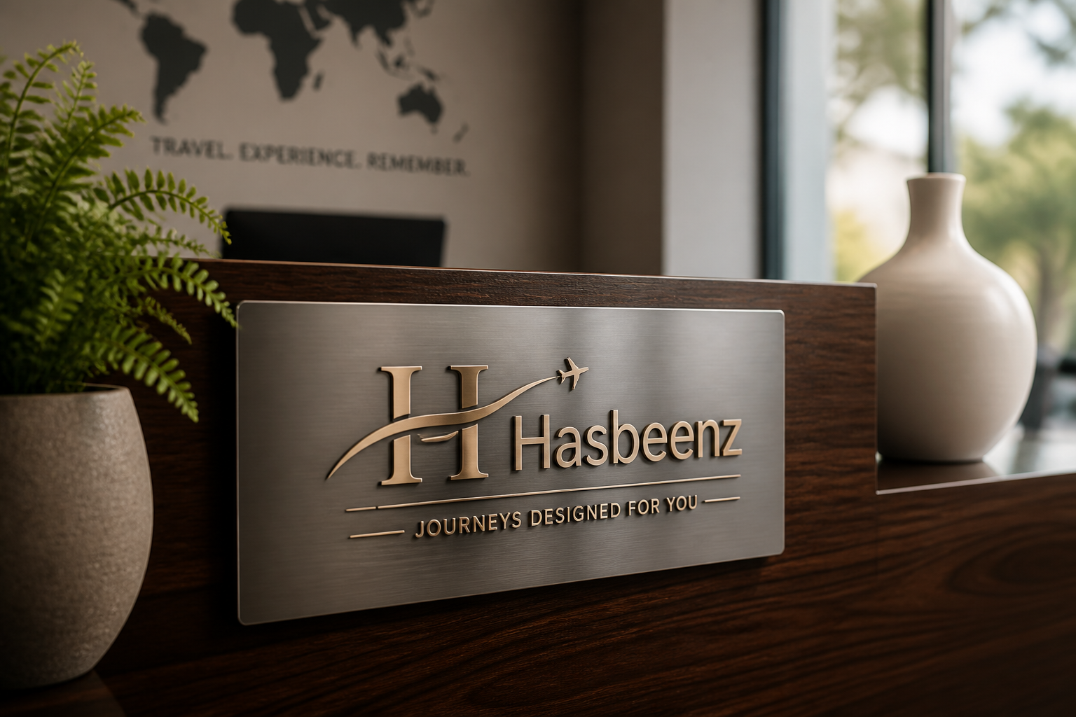 Hasbeenz travel brand logo featuring an elegant emblem with vintage styling and modern typography on a clean white background