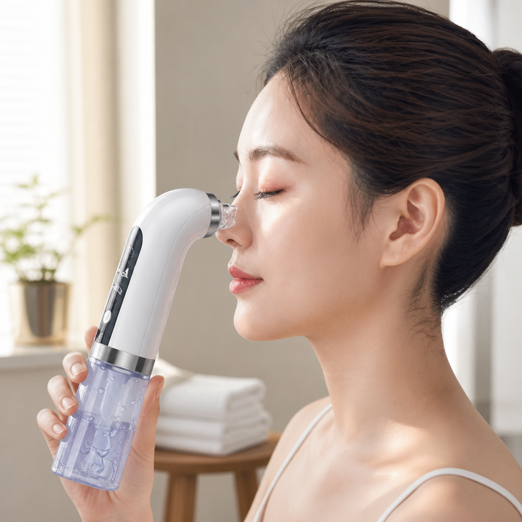 Clear smooth forehead skin after consistent blackhead treatment regimen, healthy glow, professional photo