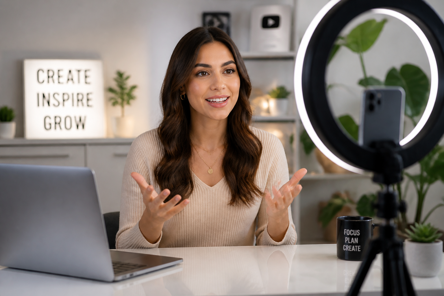 Female content creator filming video with professional lighting setup and ring light in modern studio