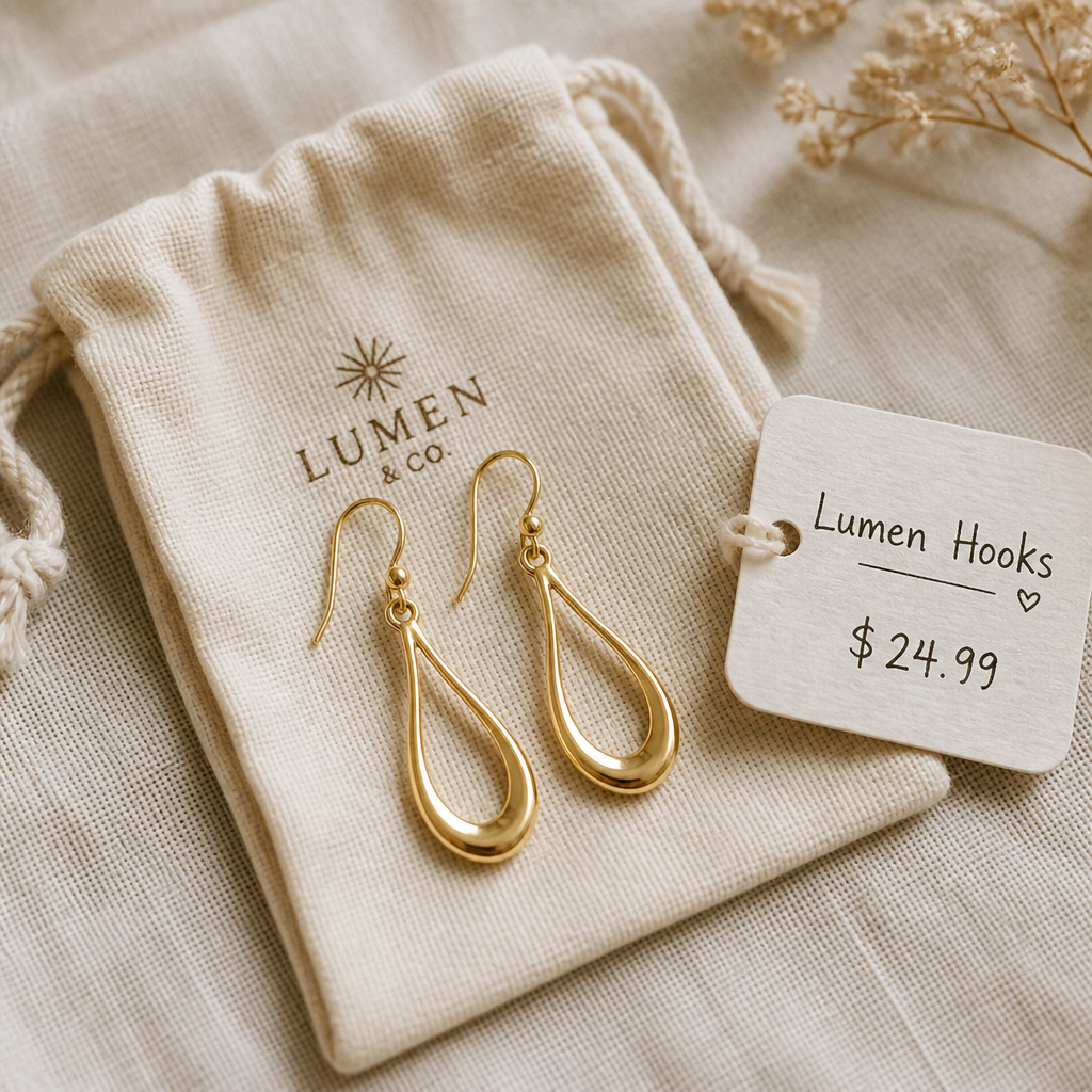 Lumen Hooks nestled inside a soft cream jewelry pouch on linen fabric with a small handwritten price tag showing $24.99
